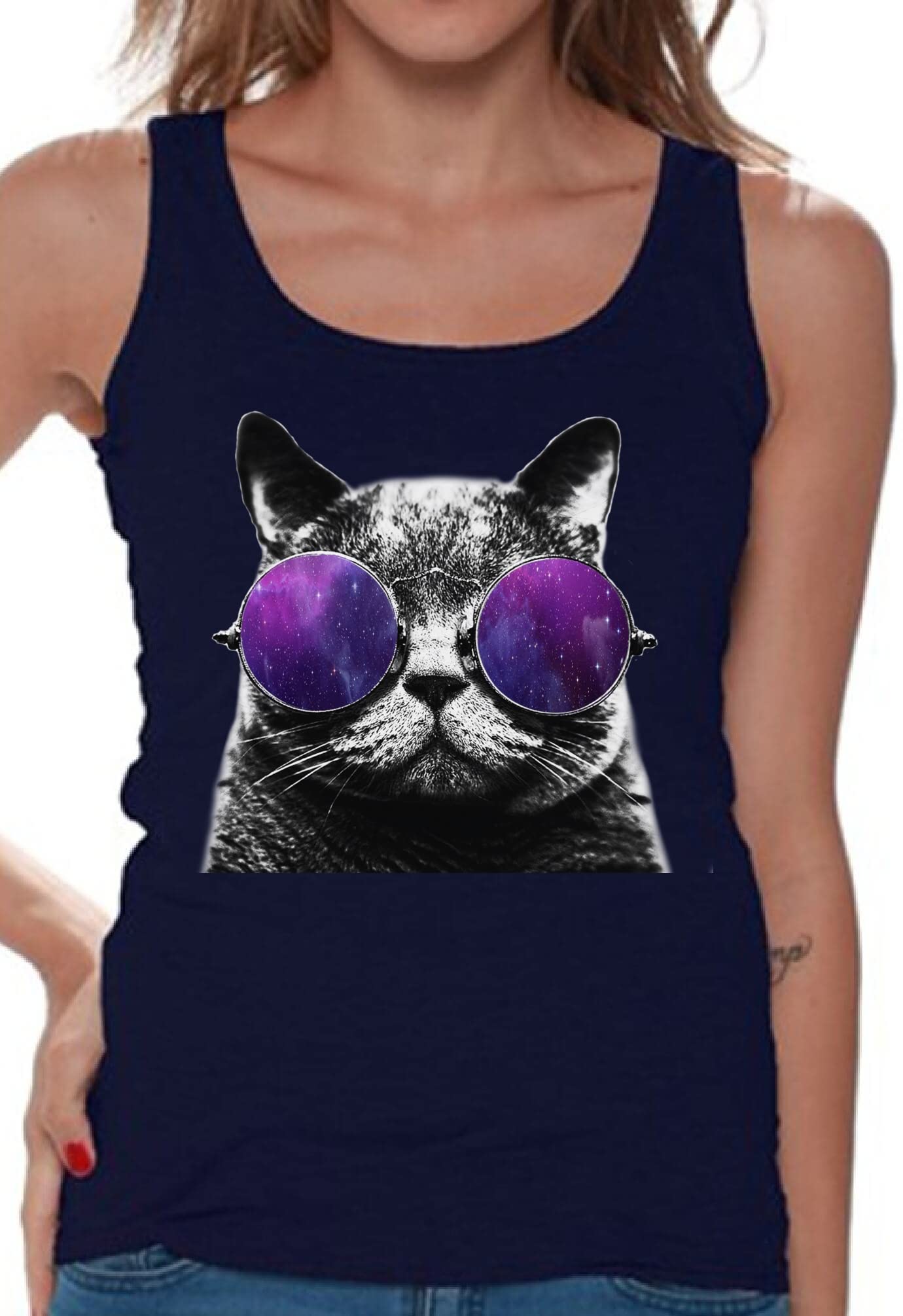 Awkwardstyles Women's Cat Galaxy Print Tank Top - Space Astro Graphic Tee with Free Bookmark - Perfect for Cosplay, Anime Conventions & Casual Summer Outfits