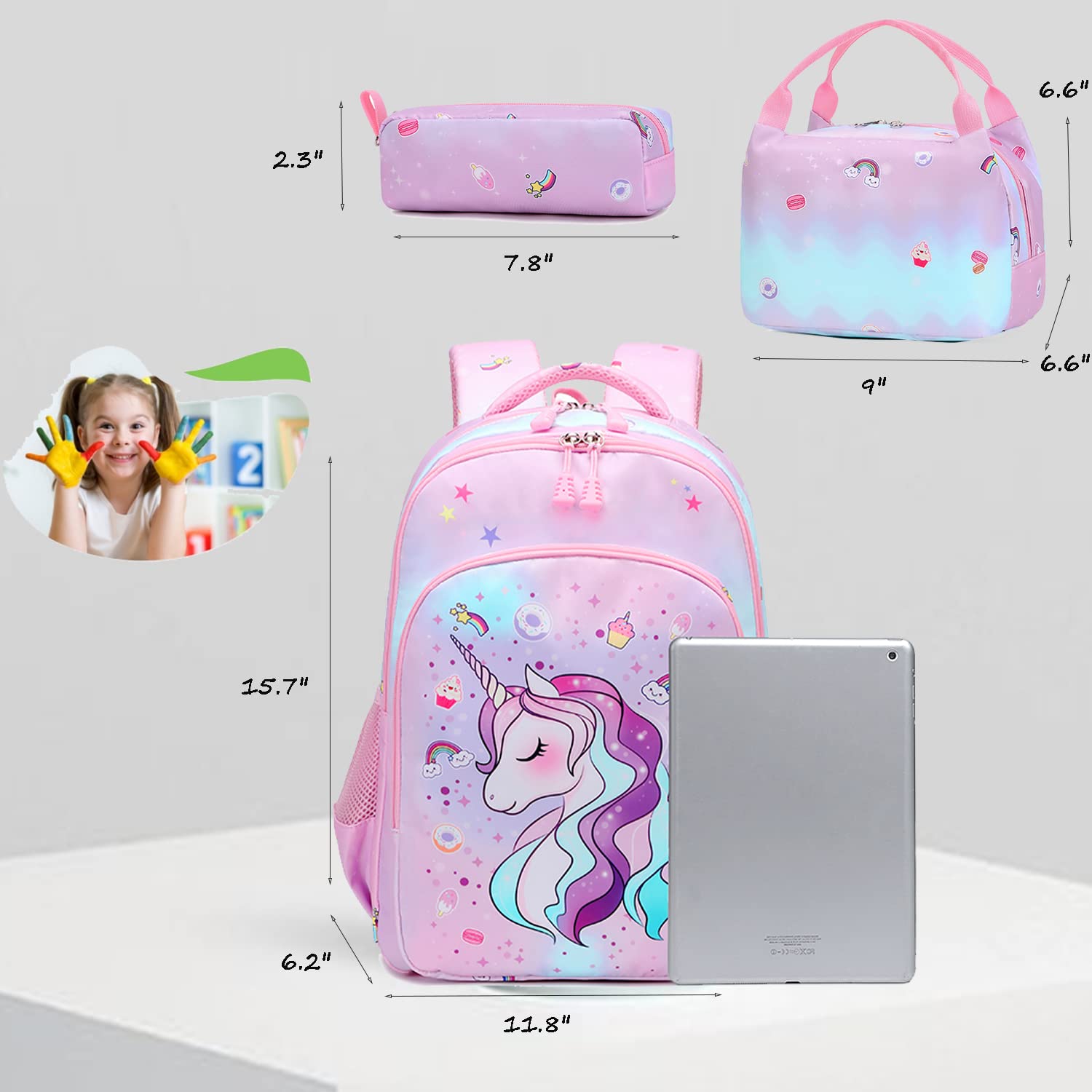 **Cute Unicorn Backpack for Girls - Waterproof School Bookbag with Pencil Case & Lunch Box - Perfect for Elementary, Middle School & Travel - Trendy Unicorn Gifts for Kids**