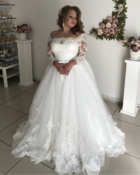 Elegant A-Line Lace Long Sleeve Plus Size Wedding Dress with Illusion Tulle - Perfect for Bridal Ceremonies, Vow Renewals & Formal Evening Events