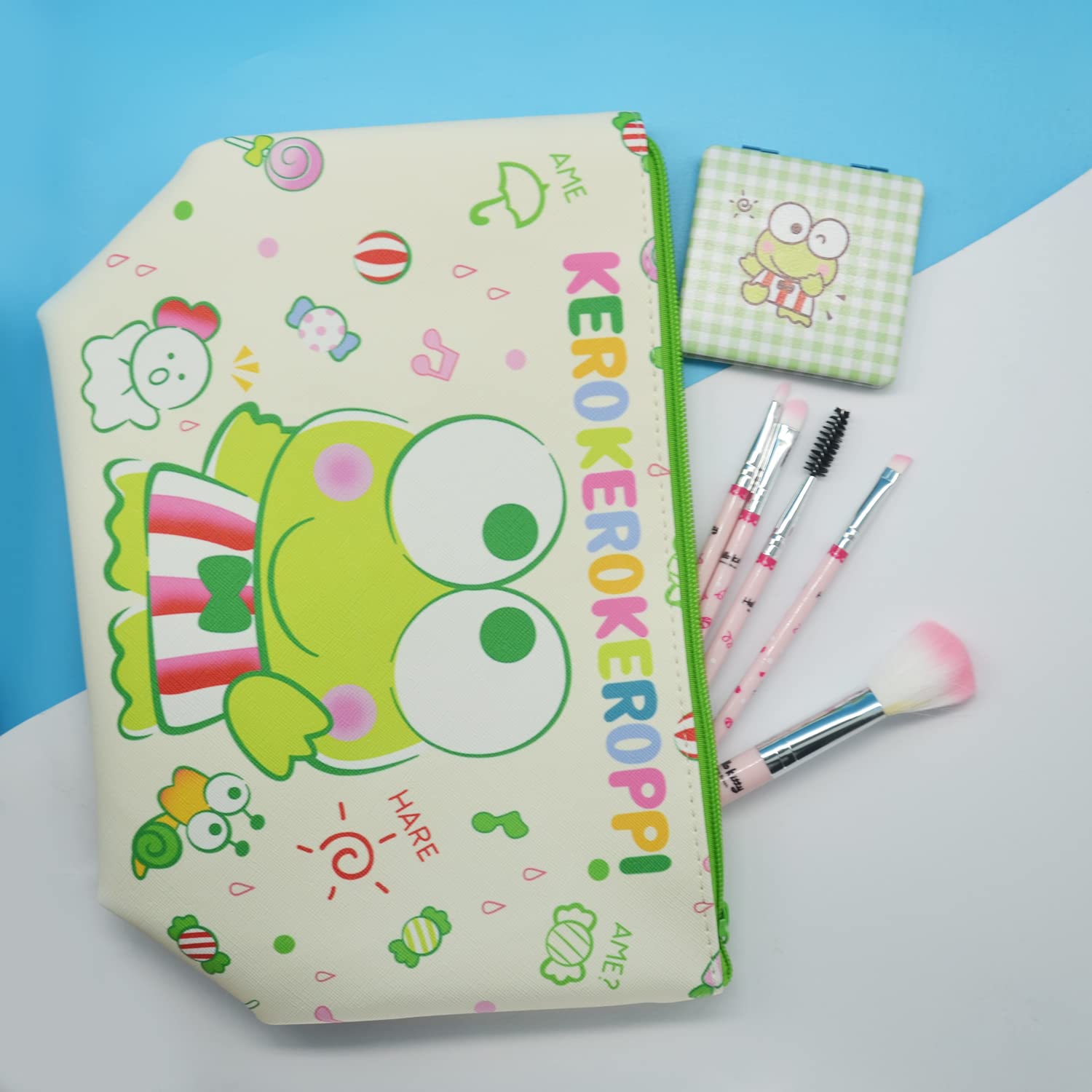 Rondlaho Kawaii Frog Travel Cosmetic Bag with Mirror - Large Capacity PU Makeup Pouch, Zippered Toiletry Organizer for Women | Foldable Storage Bag for Travel, Gym, School & Daily Use