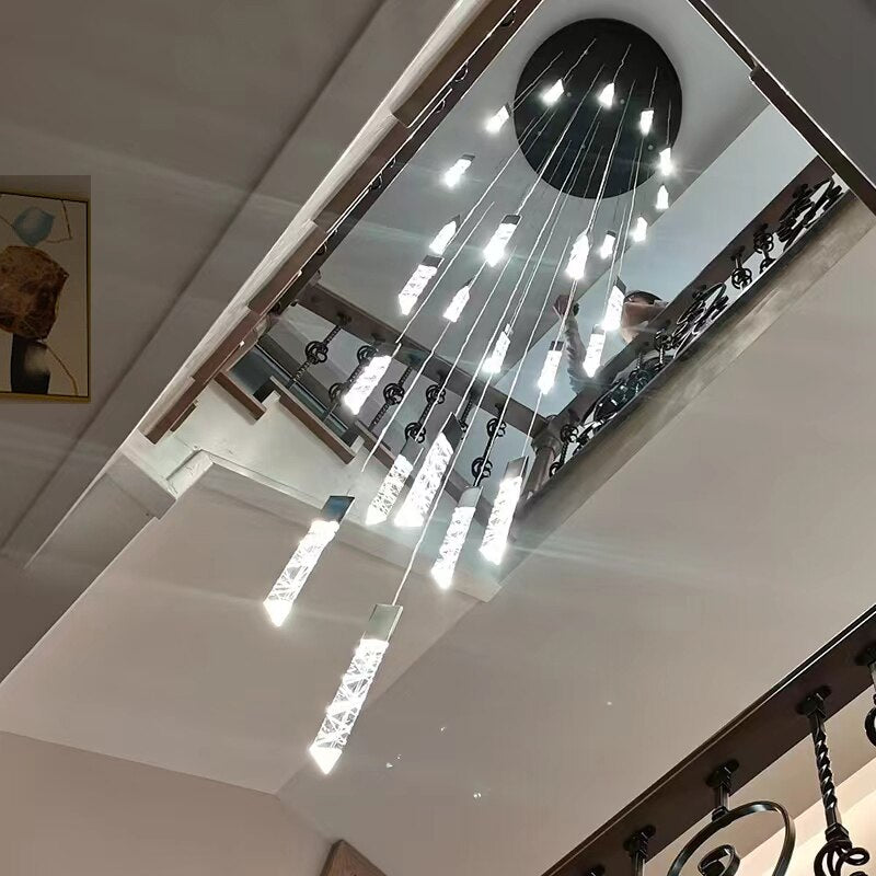 Elegant Crystal Chandelier for Staircase - Modern LED Stairway Lighting Fixture - Perfect for Foyer, Grand Entrance & Luxury Home Decor