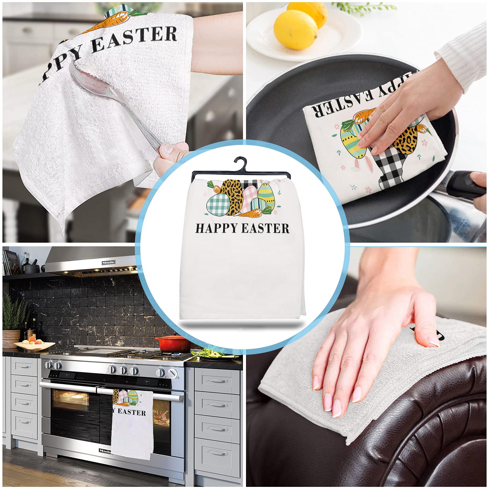 Easter Bunny Ears Carrots Kitchen Dish Towels Set of 2 - Soft Absorbent Microfiber Tea Towels with Spring Floral Leaves Design - 18x28 Inch Decorative Hand Towels for Kitchen, Bathroom & Easter Party Decorations