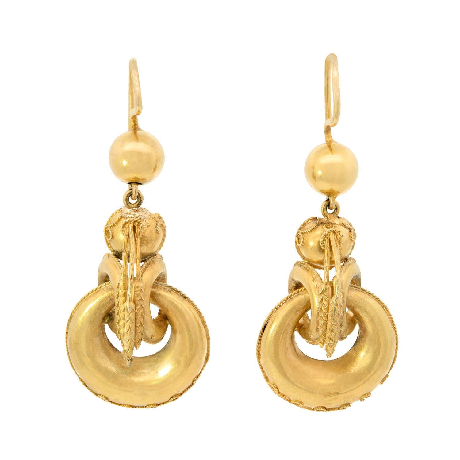 14K Gold Victorian Harvest Wheat Dangle Hoop Earrings - Elegant Etruscan Style Jewelry for Women, Perfect for Weddings, Parties & Special Occasions