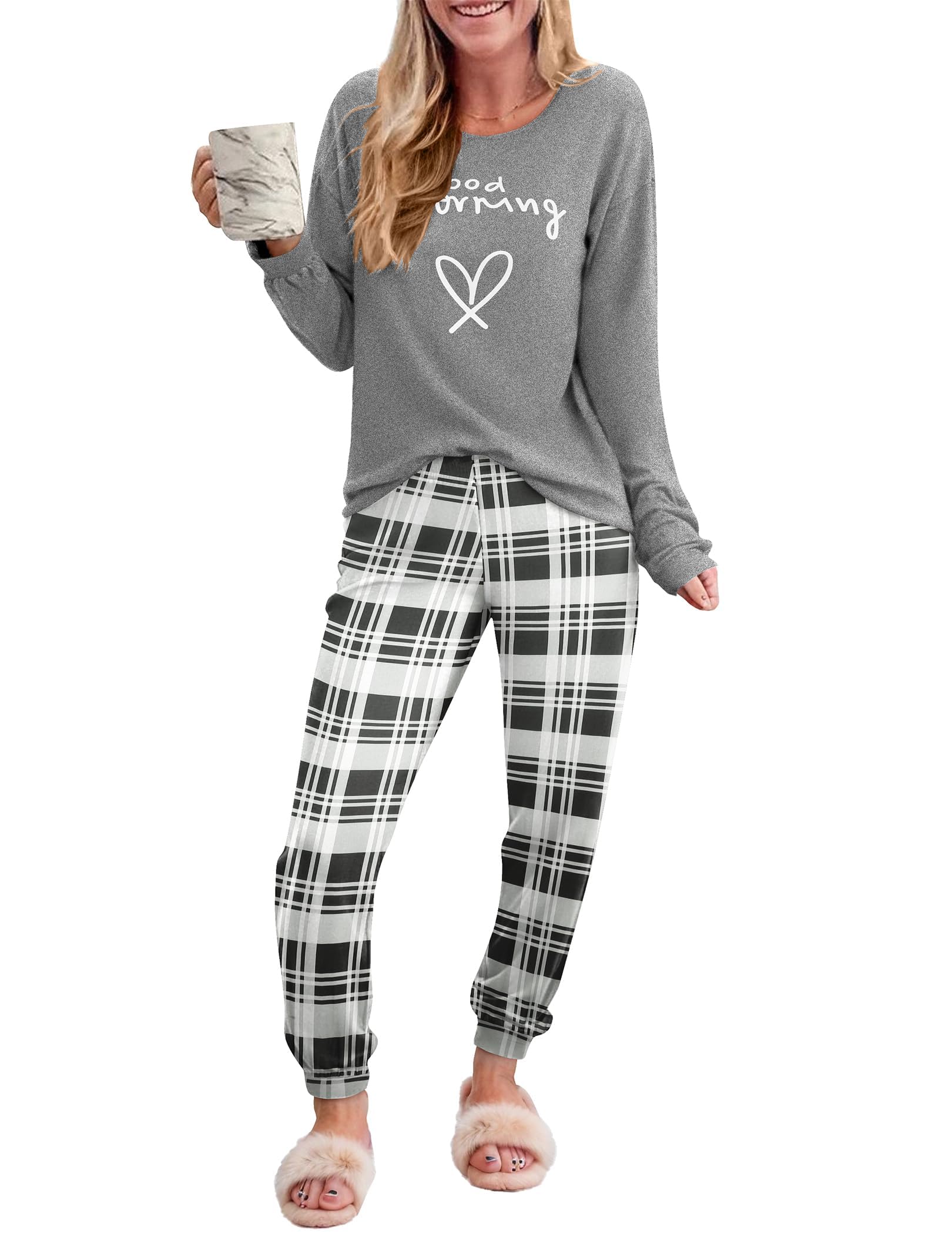 Ekouaer Women's 2-Piece Pajama Set - Soft Plaid Long Sleeve Lounge Pajamas with Pockets | Cozy Nightwear for Sleep, Relaxing at Home & Gift Giving