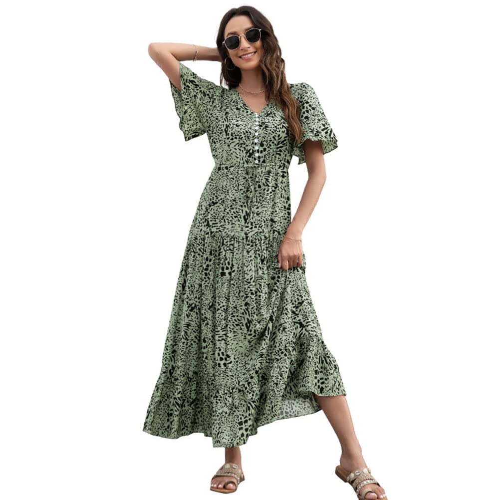 Women's Floral Print V-Neck Short Sleeve Maxi Dress - Elegant Beach Casual Summer Dress for Vacation, Party & Daily Wear (Green, Size S)