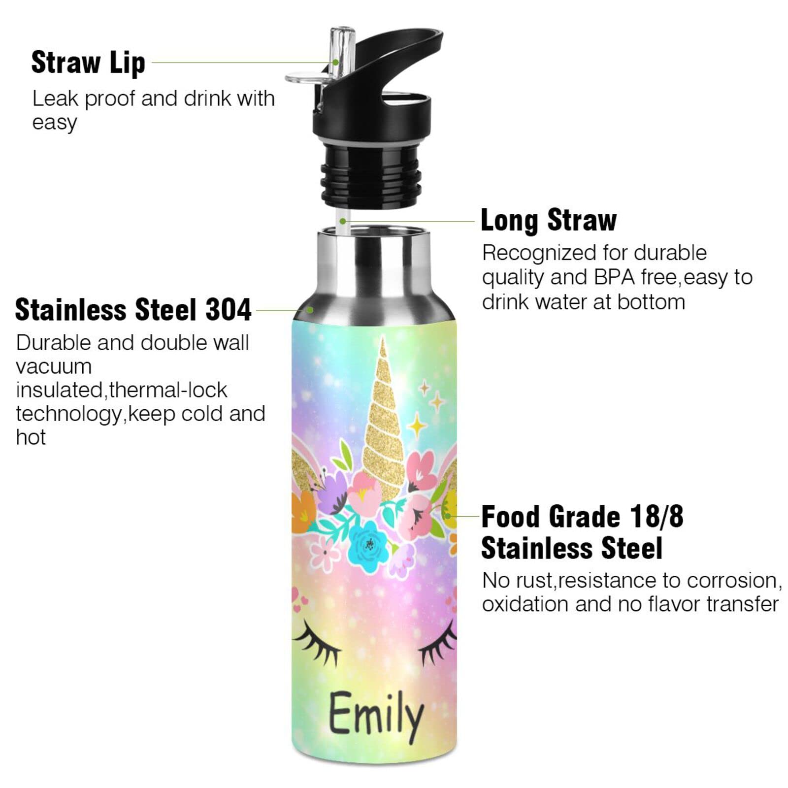 Personalized Custom Name Insulated Stainless Steel Water Bottle for Girls - 20oz Unicorn Design Vacuum Mug with Straw Lid & Handle - Perfect for School, Gym, and Outdoor Activities