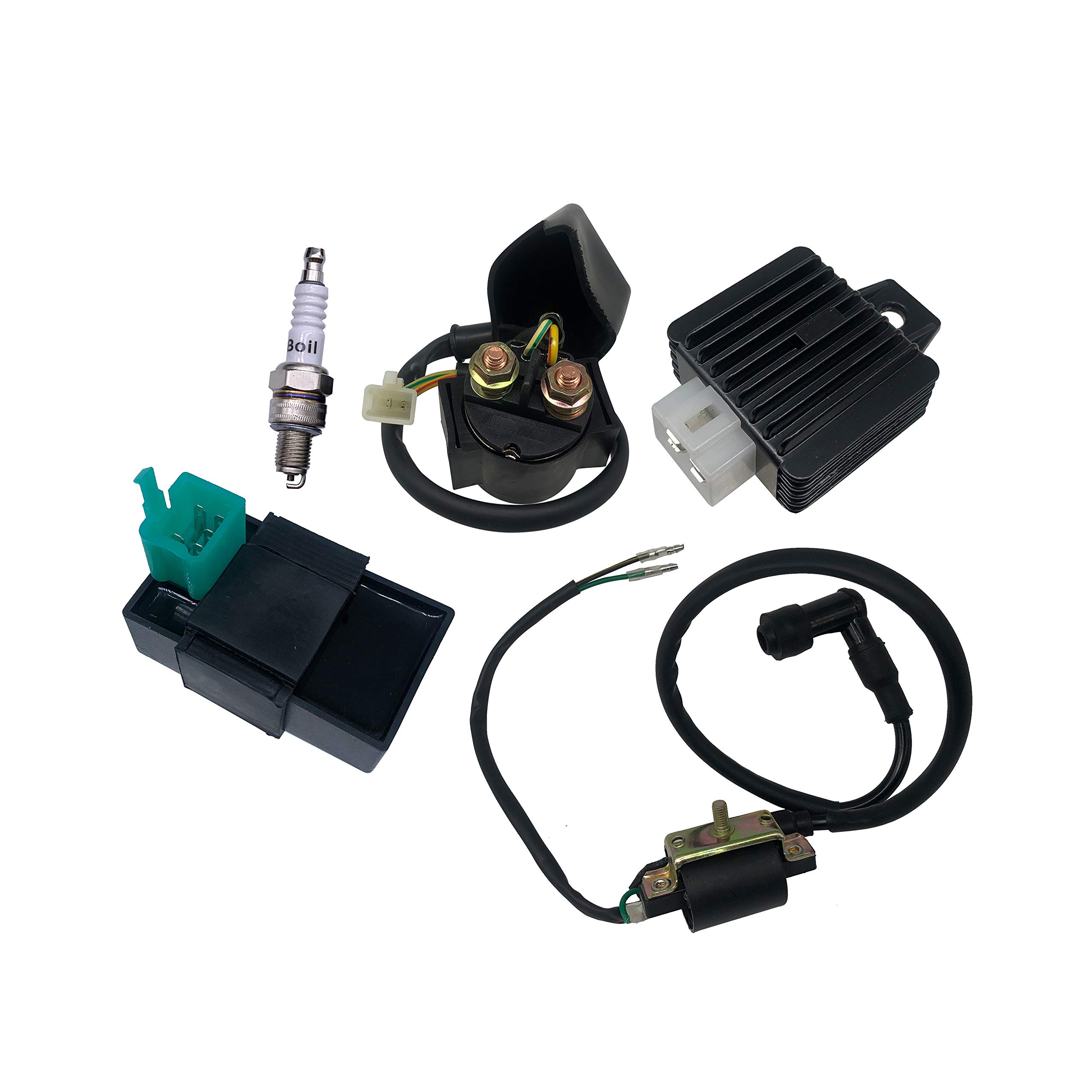 High Performance CDI Ignition Coil Regulator Rectifier Relay Spark Plug Kit for 49cc-125cc ATV, Dirt Bike & Go Kart - Compatible with TaoTao, SUNL, Roketa, Kymco, Jonway - Perfect for Off-Road Racing & Engine Maintenance