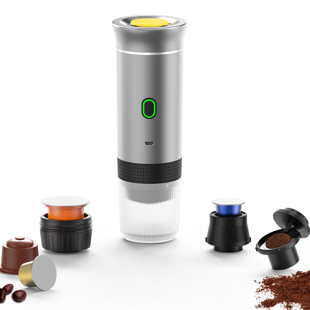 XVWJ Sliver Portable Coffee Maker - Compact Electric Espresso Machine with Battery Operation, Self-Heating Travel Coffee Maker for Camping, Office & Car Use