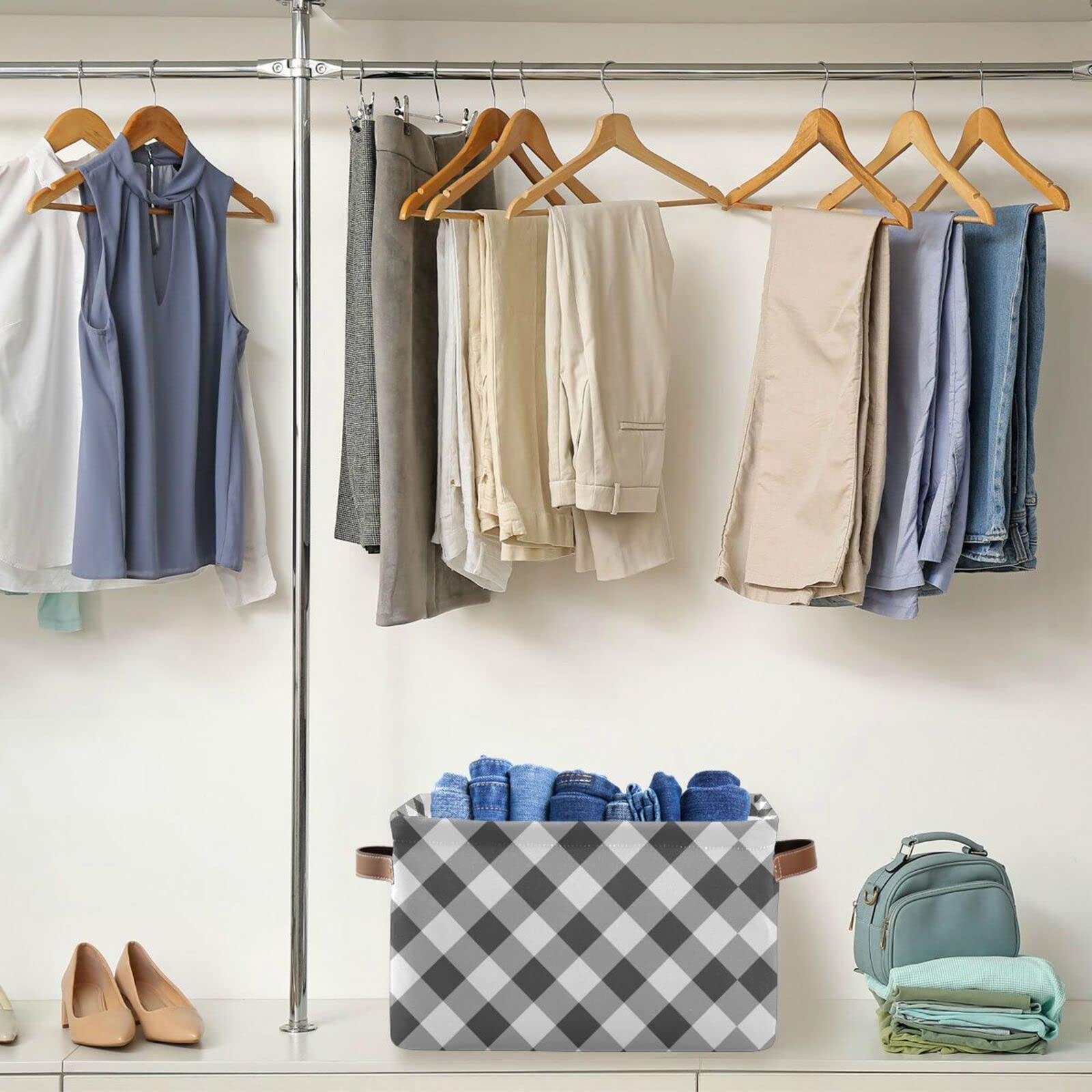 Grey Buffalo Plaid Storage Basket - Foldable Rectangular Organizer Bin with Handles for Home & Office Organization | Perfect for Closet Storage, Toy Organization & Laundry Room Decor