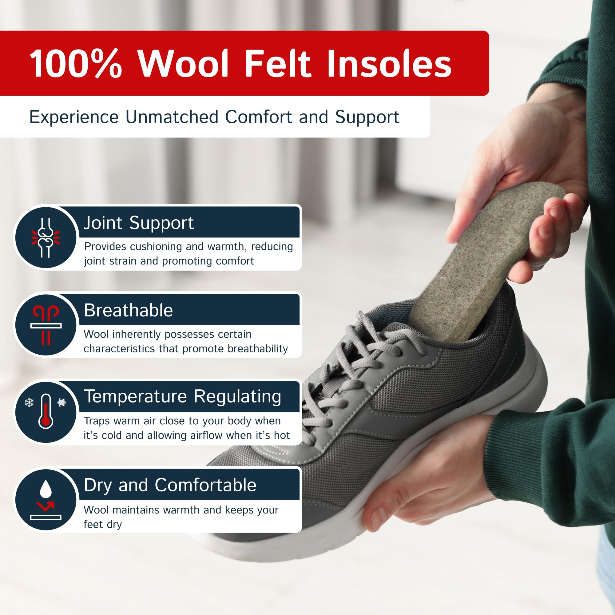 Premium Wool Felt Insoles for Men & Women - 13mm Thick Breathable Cushioned Shoe Inserts - All-Season Comfort for Winter Boots, Work Shoes & Everyday Footwear - Moisture-Wicking & Odor-Resistant Support for All-Day Wear