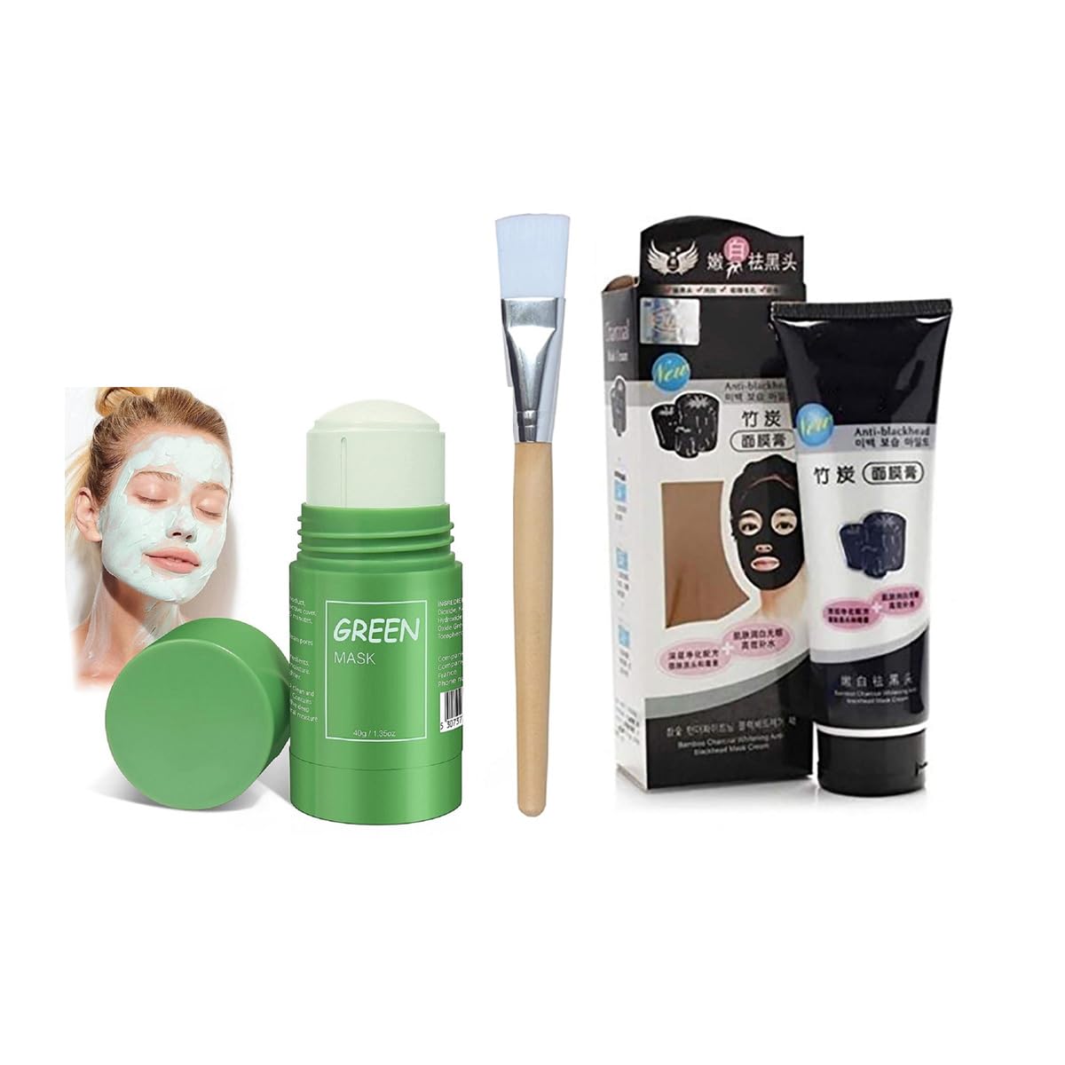 **Purifying Green Clay Stick Mask for Blackhead Removal & Oil Control - Anti-Acne Deep Cleansing Peel-Off Face Mask with Applicator Brush (Set of 3) - Perfect for Oily & Acne-Prone Skin - At-Home Spa Treatment**