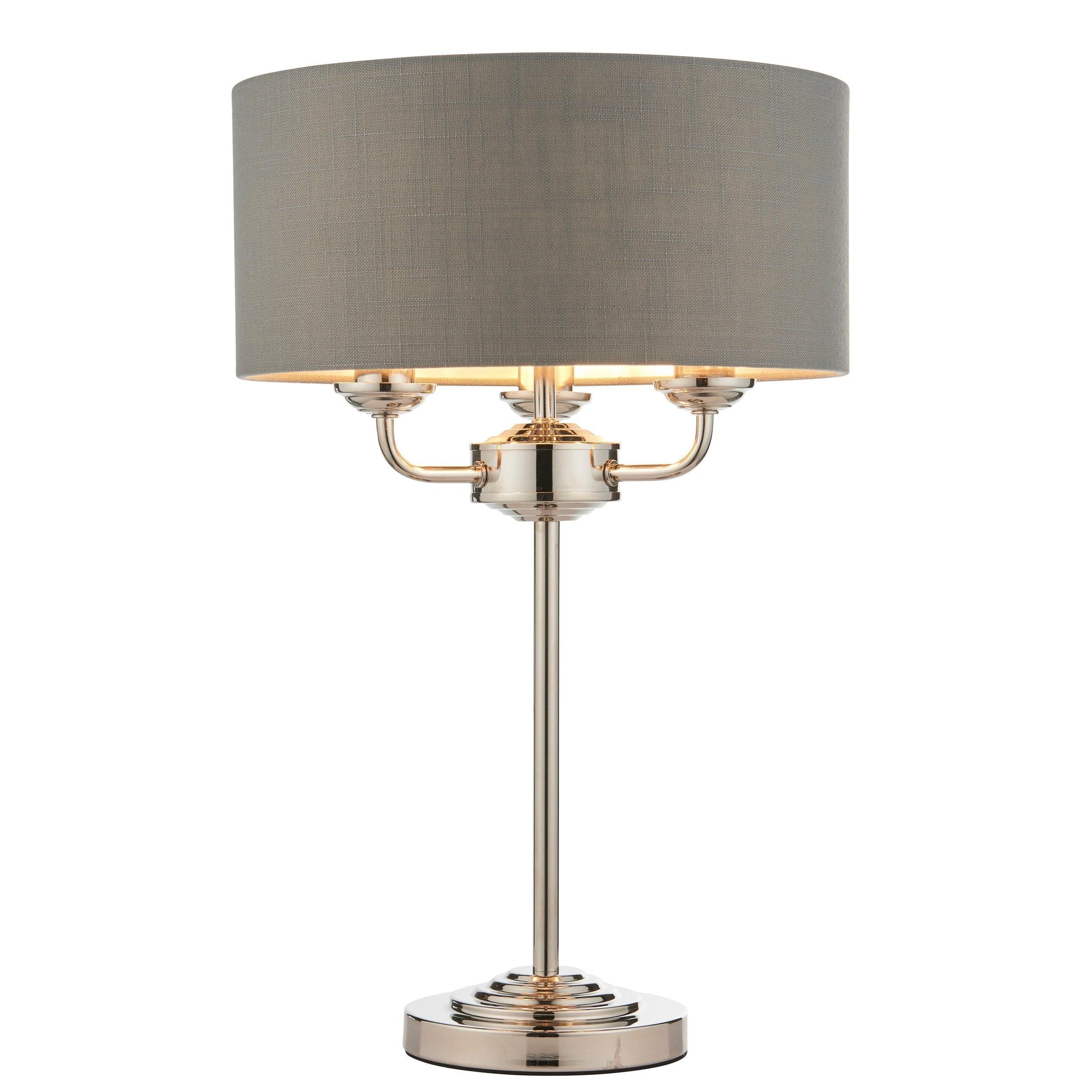 Endon Highclere 3-Light Nickel Table Lamp with Charcoal Shade - Modern Lighting for Living Room, Bedroom & Office Decor