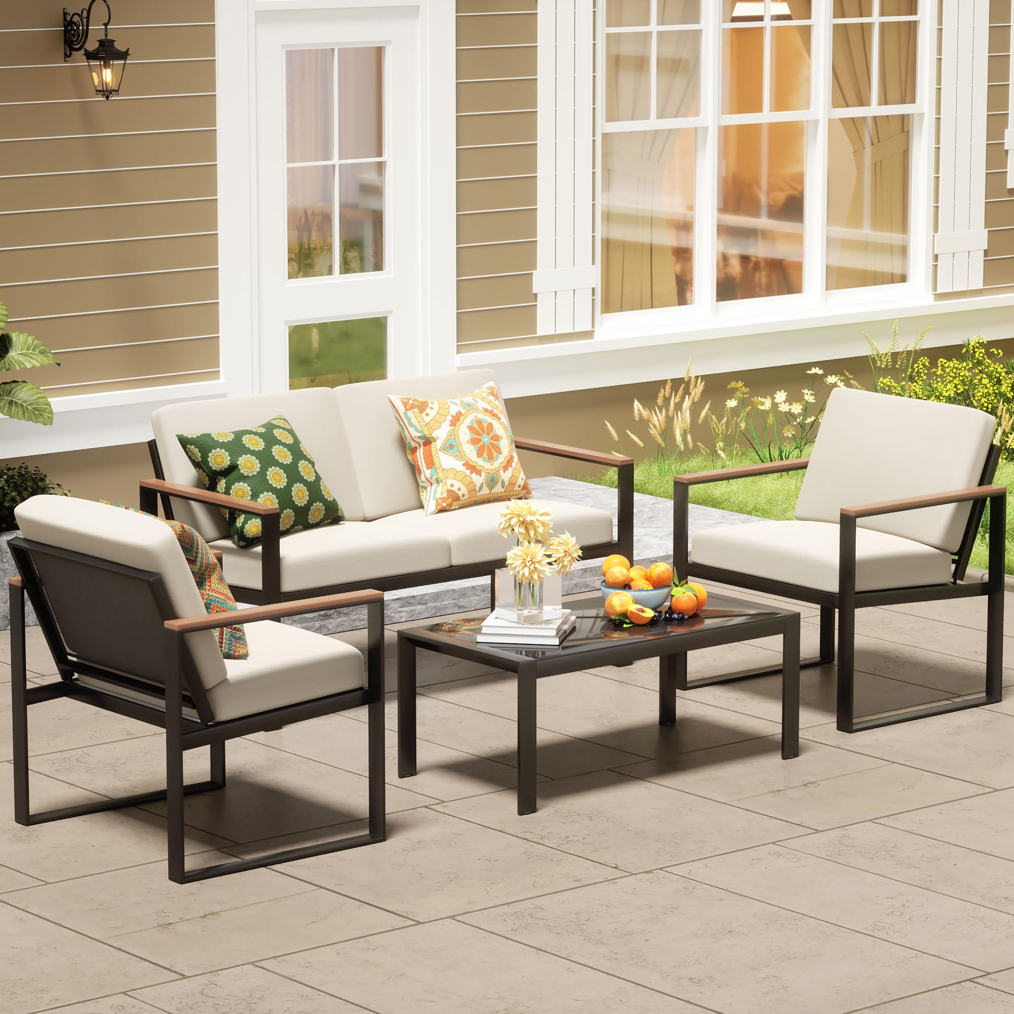 4-Piece Patio Furniture Set - Metal Outdoor Sectional Conversation Set with Wooden Anti-Scald Armrests & Sling Mesh - Includes 4