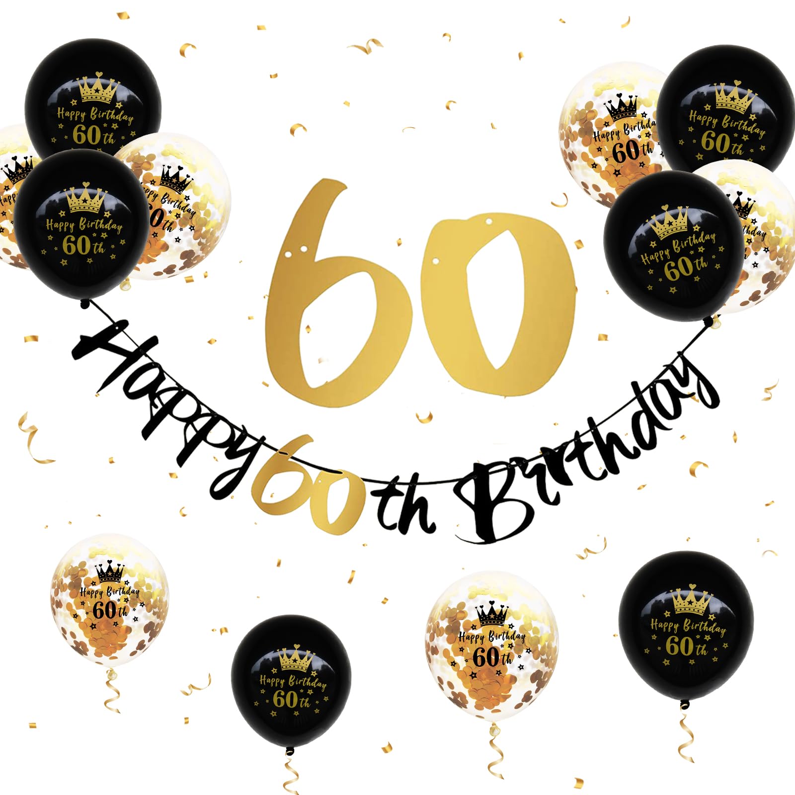 60th Birthday Decorations Set - 12Pcs Black Gold Confetti Balloons & Bunting Banner - Happy Birthday Party Supplies for Men & Women - Perfect for Milestone Celebrations, Retirement Parties & Anniversary Events