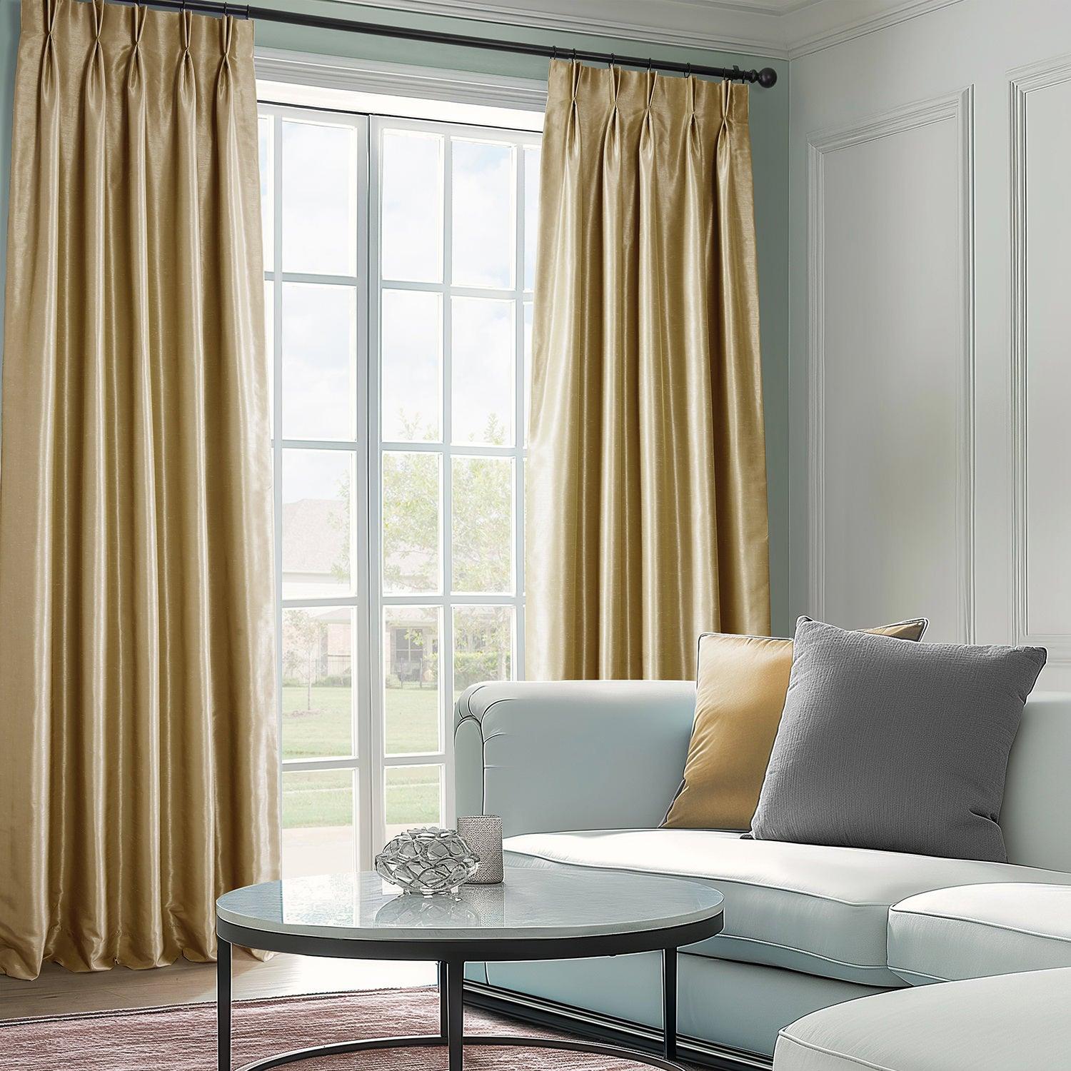 Flax Gold French Pleat Vintage Textured Faux Dupioni Silk Blackout Curtains - Elegant Window Treatment for Living Room & Bedroom Light Blocking