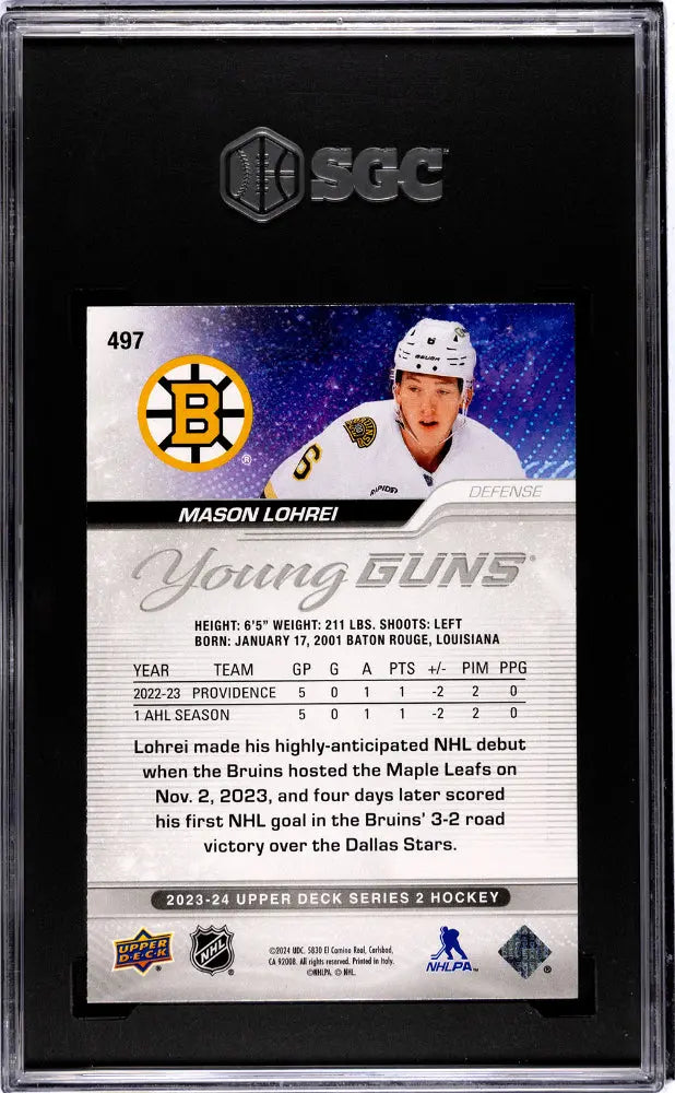2023-24 Upper Deck Series 2 Hockey Mason Lohrei Young Guns SGC 10 #497 - Rookie Card for Collectors & NHL Fans - Perfect for Display, Trading & Investment