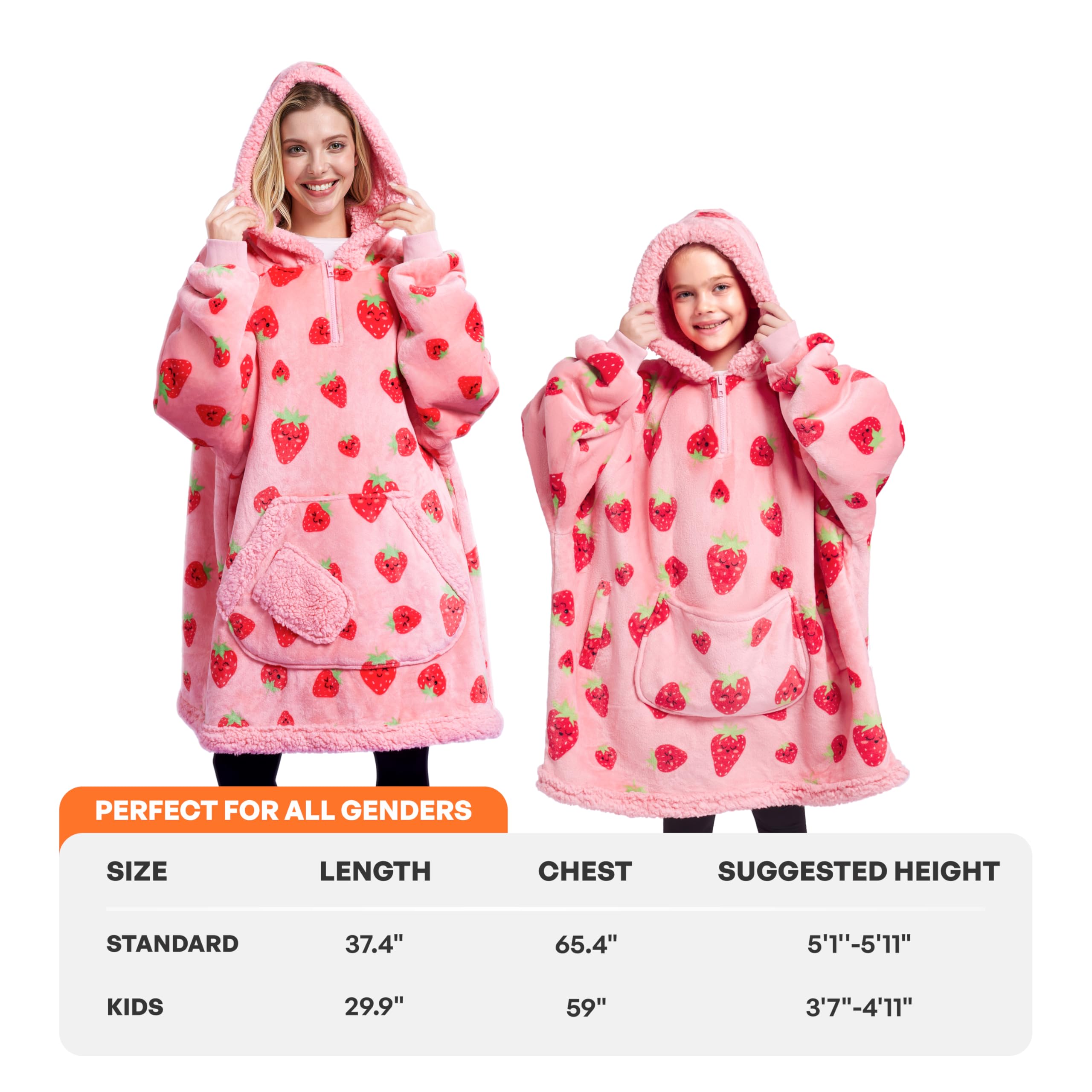 Cozy Wearable Blanket Hoodie for Women - Oversized Flannel Sherpa Fleece Sweatshirt with Giant Pocket & Long Sleeves - Warm Winter Loungewear for Home, Office, and Outdoor Activities - Perfect Birthday Gift for Adults - Strawberry Pattern