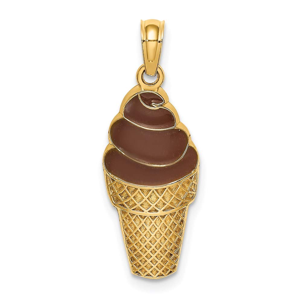 14K Yellow Gold 3D Chocolate Ice Cream Cone Charm Pendant with Brown Enamel - Cute Food Jewelry for Necklace, Bracelet & Gift for Ice Cream Lovers