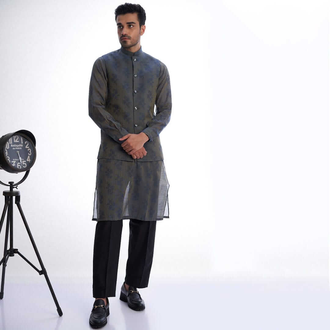 Stylish Grey and Blue Two-Tone Cotton Brocade Kurta for Men - Perfect for Festivals, Weddings & Ethnic Occasions