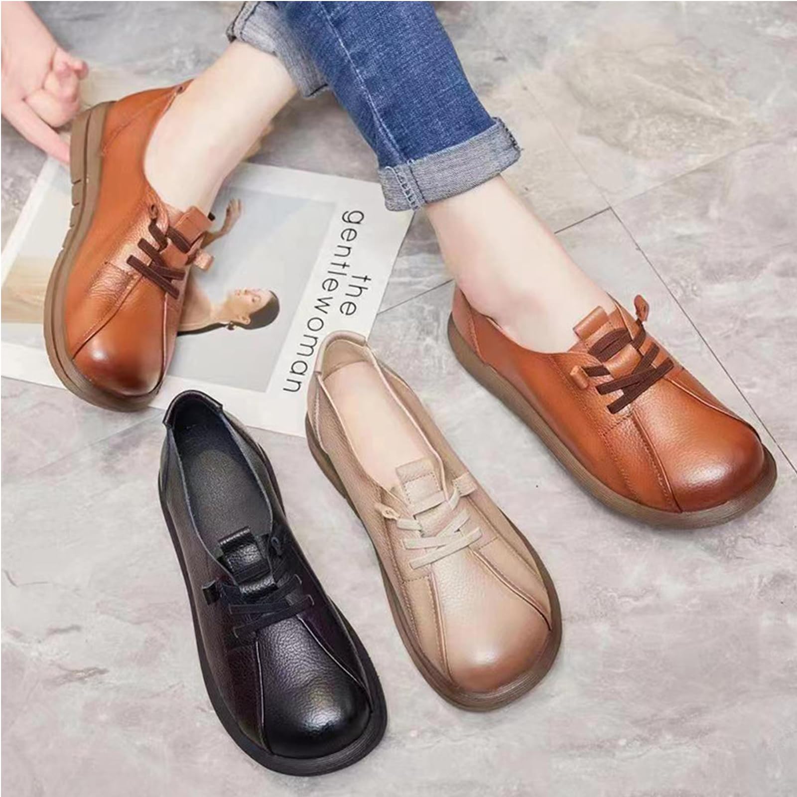 Women's Comfortable Leather Loafers - Soft Sole Slip-On Walking Shoes with Round Wide Toe & Non-Slip Design | Lightweight Casual Shoes for Mom | Perfect for Outdoor, Work & Everyday Wear