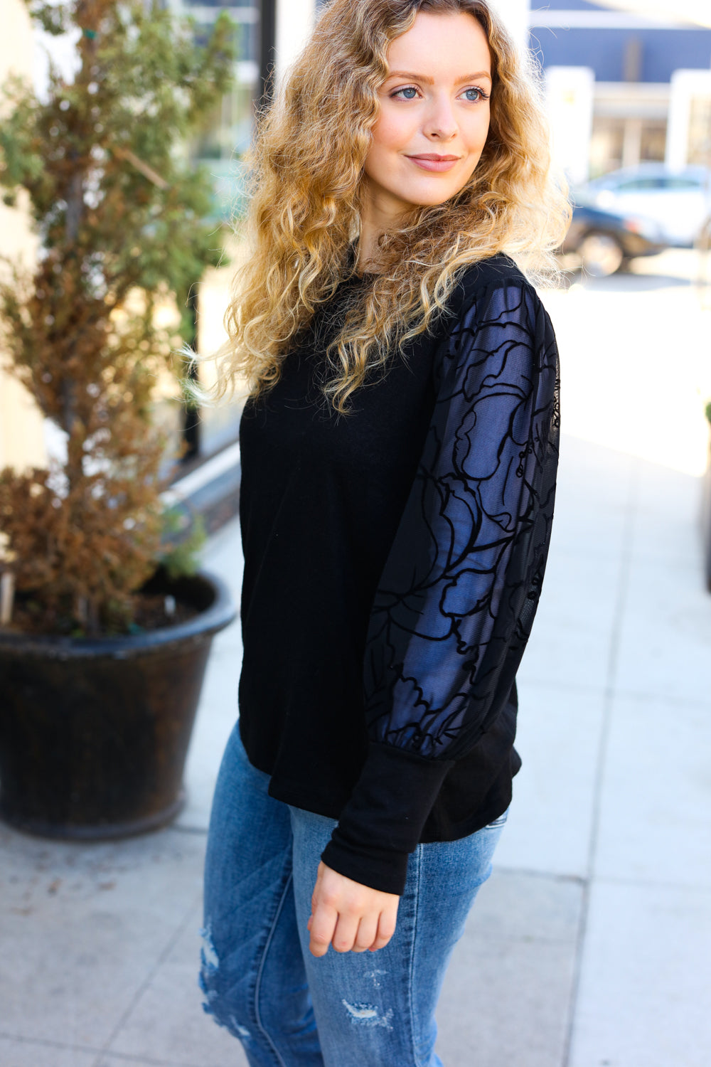 Black Floral Mesh Bubble Sleeve Top for Women - Elegant Blouse for Party, Date Night & Special Occasions