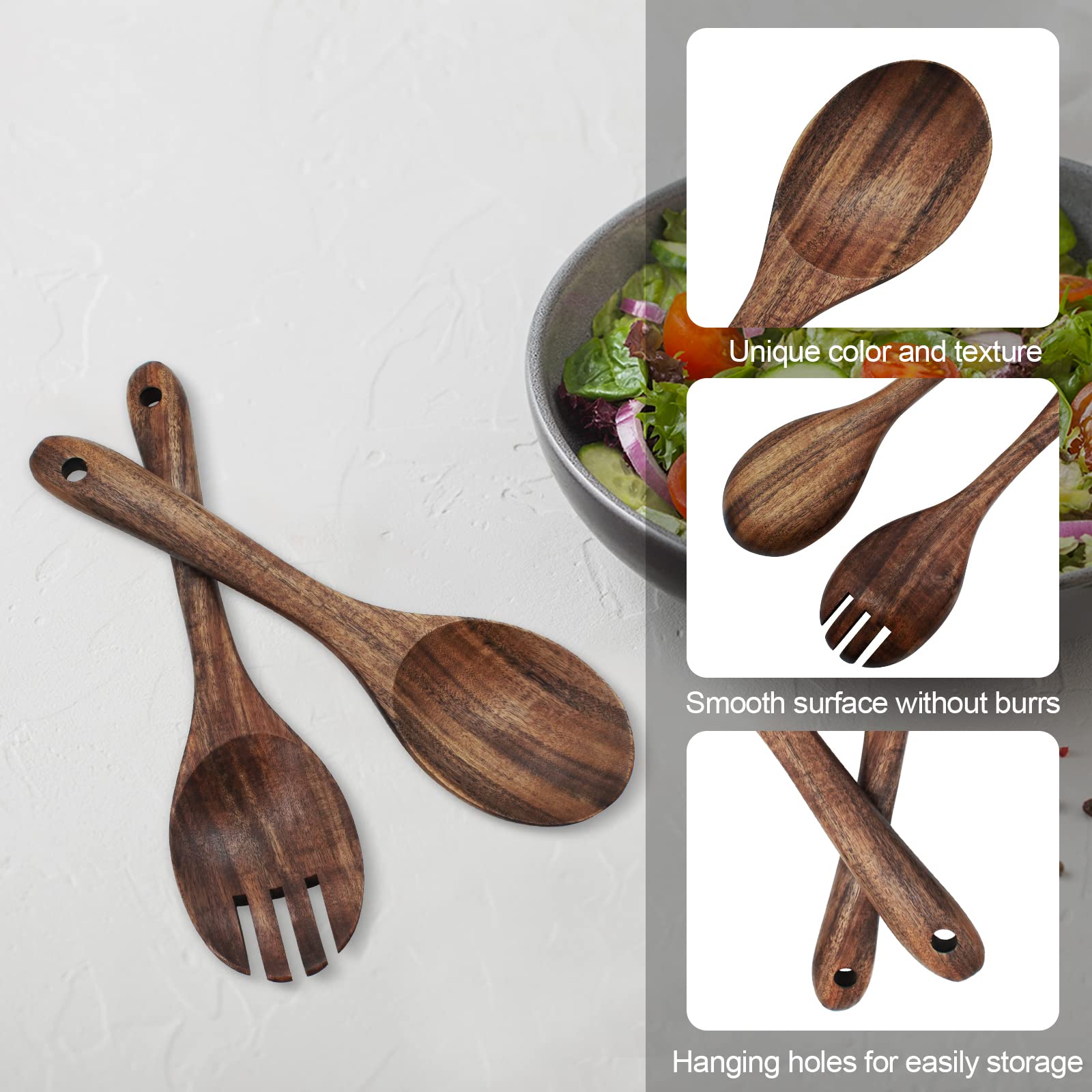 2PCS Acacia Wood Salad Servers Set - 10 Inch Long Handle Salad Tongs with Spoon & Fork - Natural Wooden Cooking Utensils for Kitchen, Mixing Bowls, Dinner Parties & Picnics