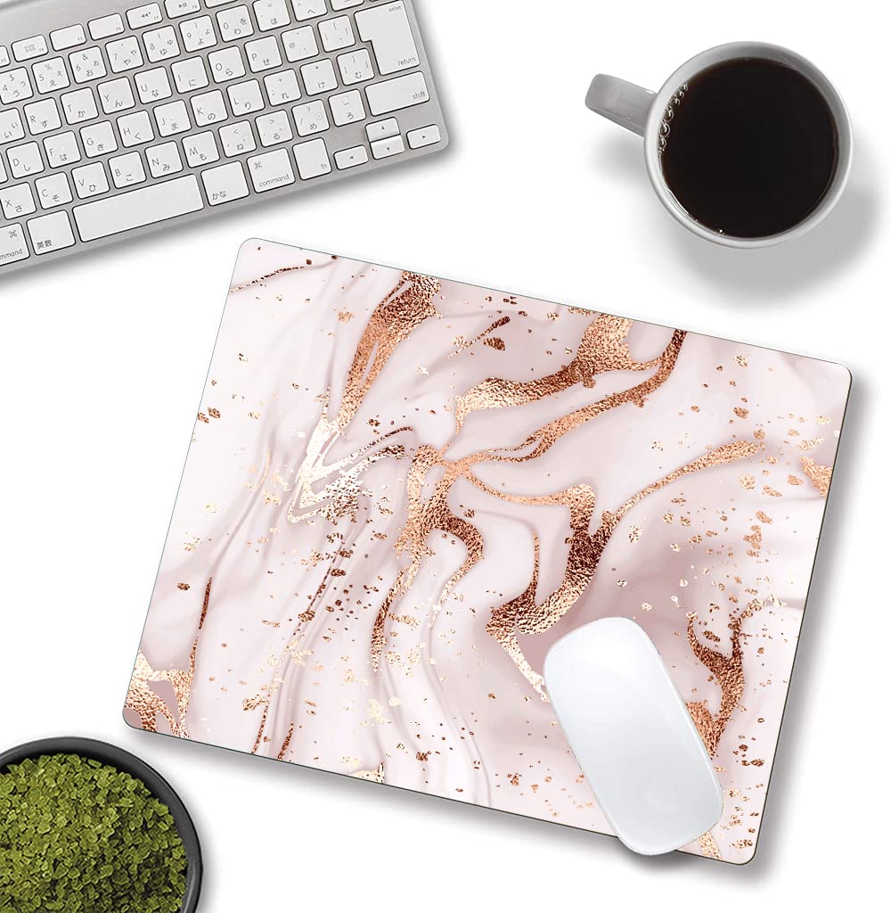 Pink Rose Gold Marble Mouse Pad for Women - Washable Non-Slip Rubber Base Square Cloth Mousepad for Office Laptop & Wireless Mouse - Cute Desk Accessory for Work, Gaming & Home Office Setup