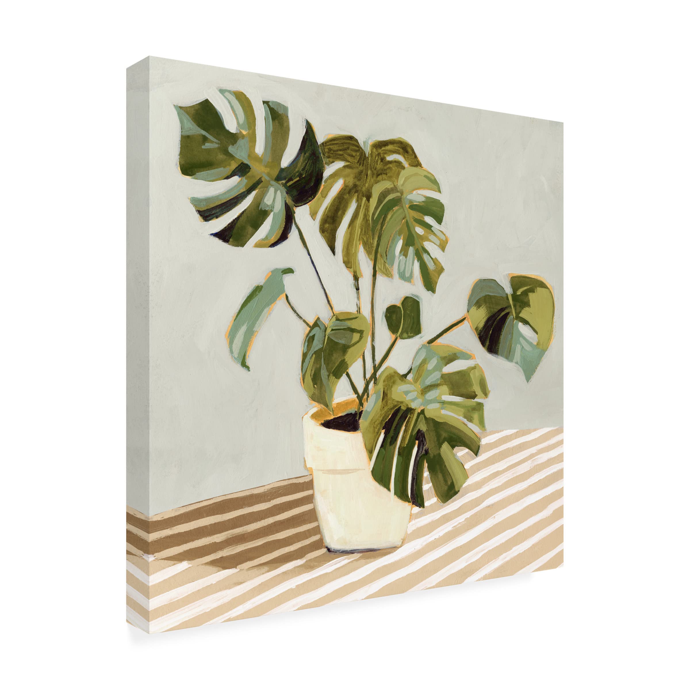 Victoria Barnes 'Plant on Stripes II' Canvas Wall Art - Modern Botanical Print for Living Room, Bedroom & Office Decor | Framed Ready-to-Hang Home Decoration