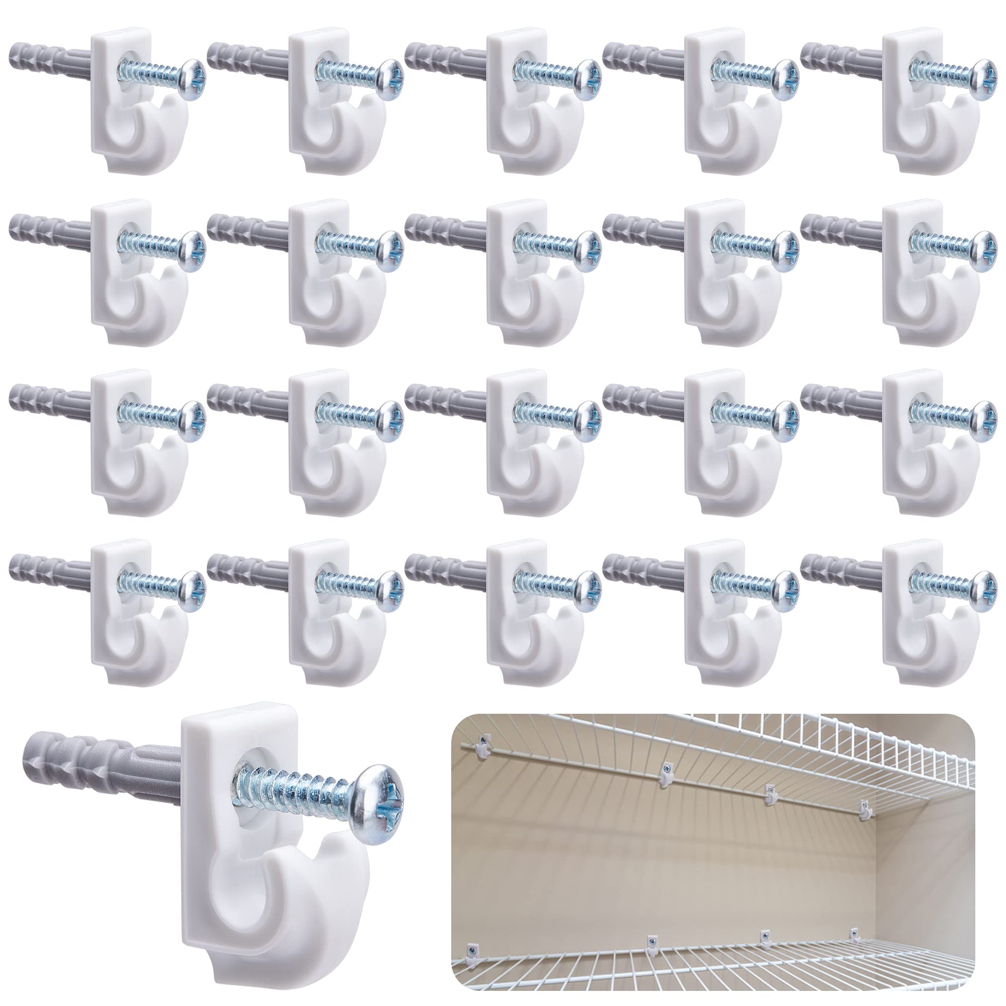 25 Pack White Plastic Down Wall Clips - Heavy Duty Wire Shelf Brackets & Closet Maid Support Hooks - Includes Screws & Expansion Tubes for Secure Installation - Perfect for Closet Organization & Wire Shelving Systems