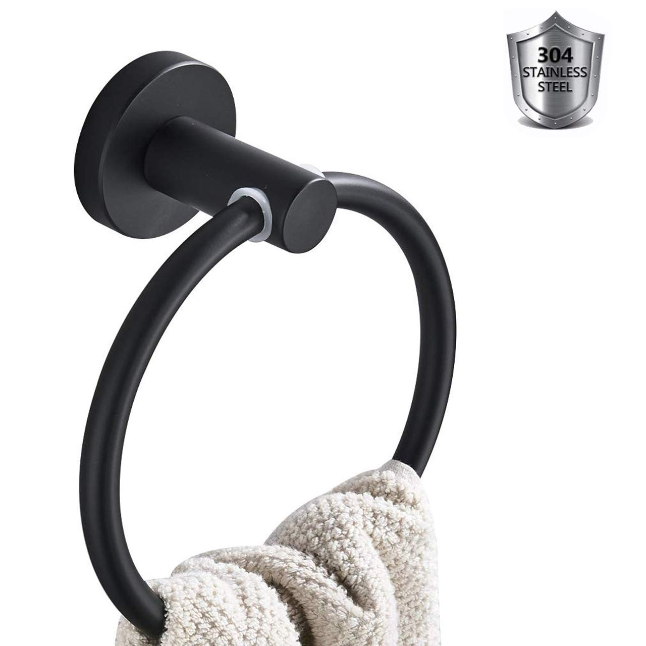 Stainless Steel Wall Mounted Towel Ring - Matte Black Rust Proof Bathroom & Kitchen Hand Towel Holder, Round Towel Hanger Hook for Bath, Kitchen, Laundry Room (Drill Required for Installation)