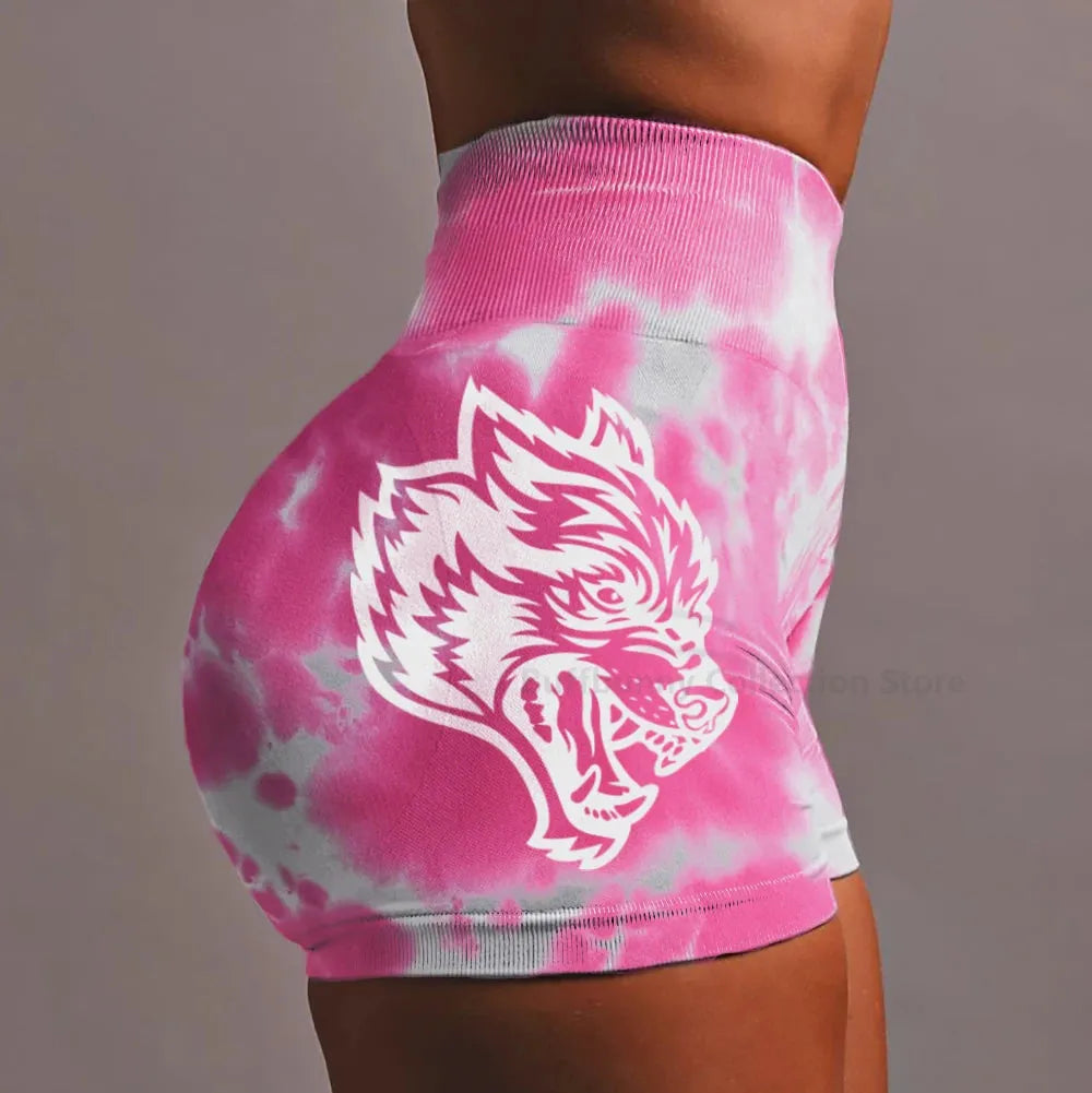 **Darc Women's Tie Dye Shorts - Pink Wolf Print High Waist Elastic Seamless Yoga Shorts for Gym, Running & Casual Wear | Soft Sport Pants 2024**