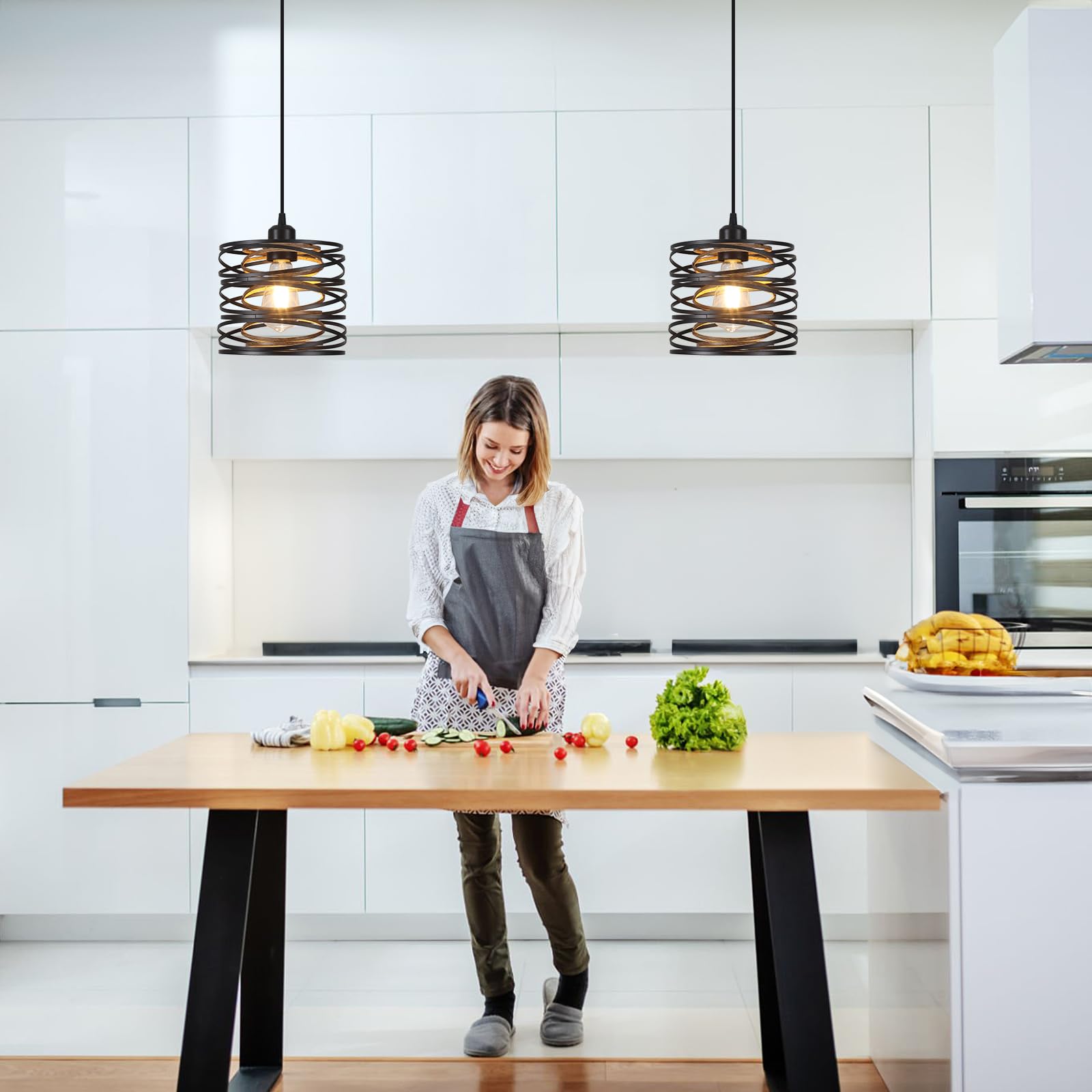 2 Pack Black Industrial Pendant Lights - Metal Hanging Light Fixtures with Wood Farmhouse Design for Kitchen Island, Dining Room, Bedroom, Bar & Office - ETL Certified | Perfect for Modern Homes, Restaurants and Workspaces