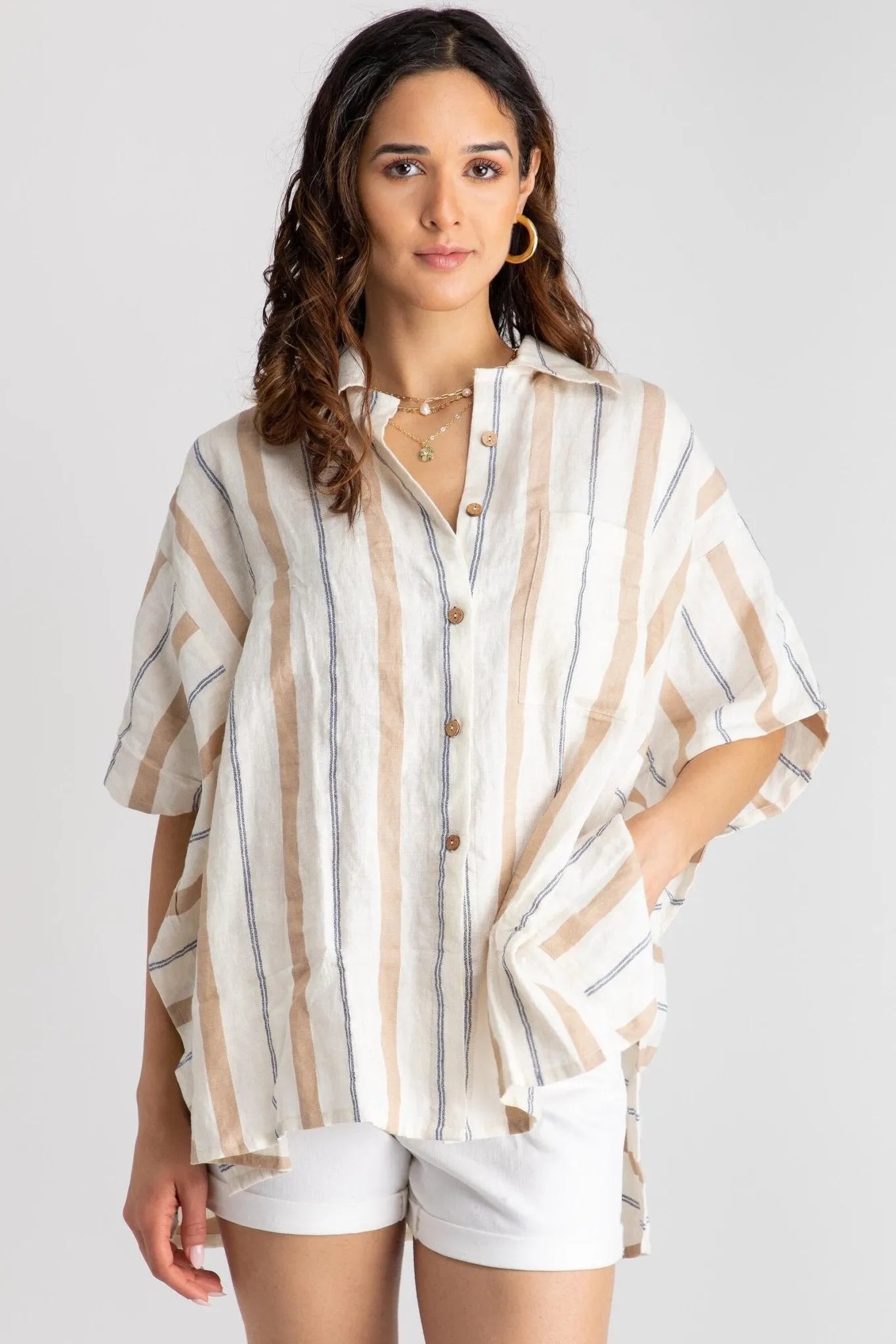 Linen Cotton Striped Oversized Shirt for Women - Comfortable Loose Fit Long Sleeve Button Down Top - Perfect for Casual Outfits, Beach Cover-Up, and Summer Layering