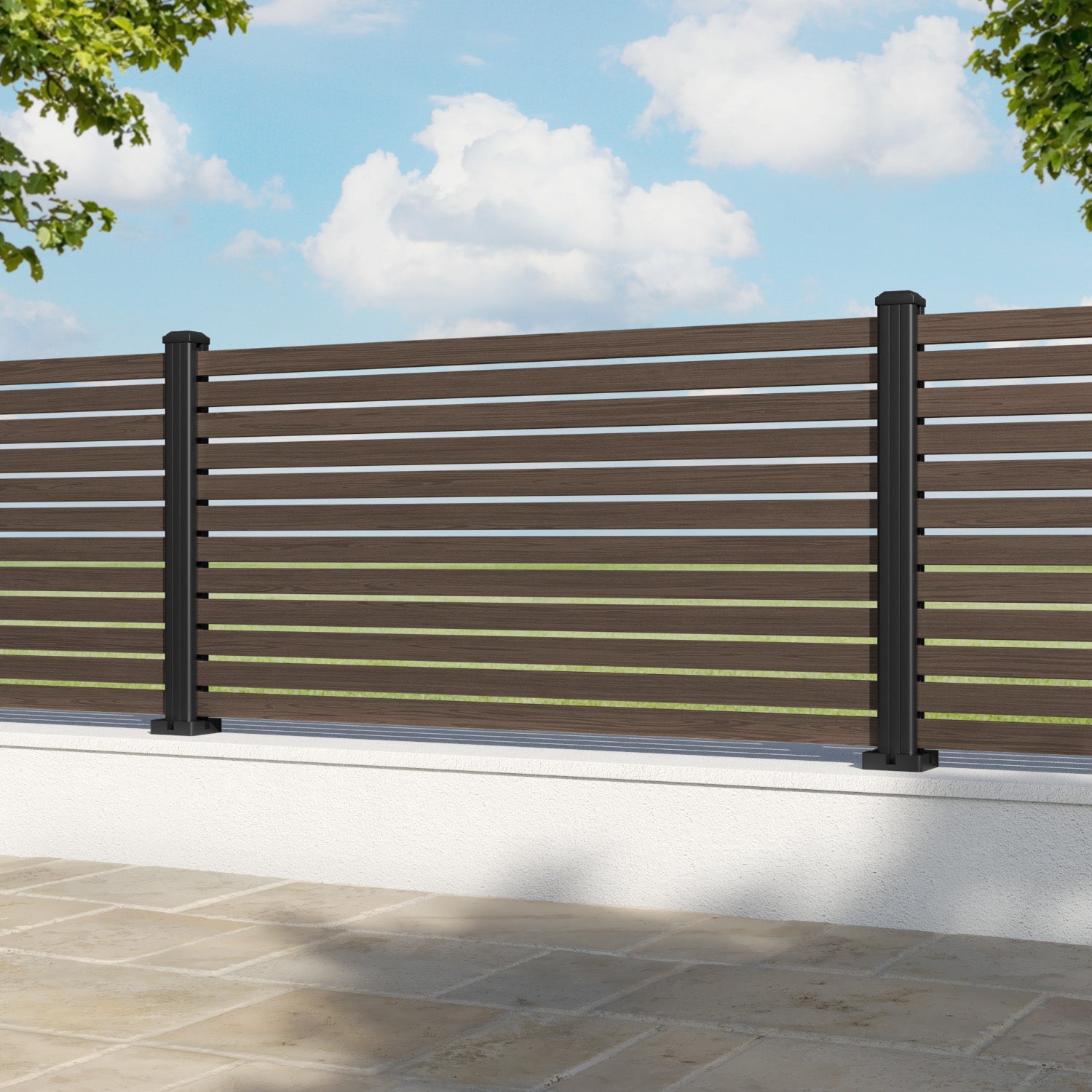 Dark Oak Aria Aluminum Fence Panel with Matching Posts - Durable Outdoor Privacy Fence for Backyard, Garden & Pool Areas