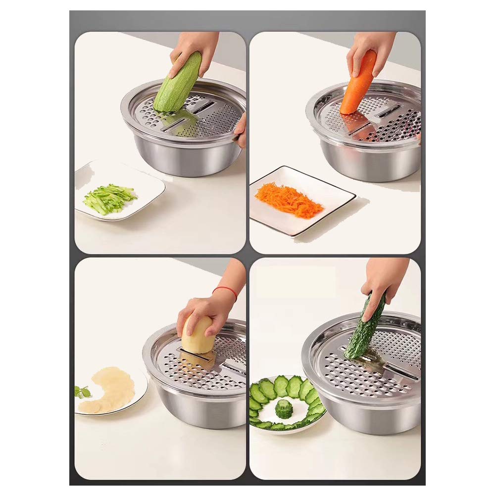 Premium 3-in-1 Stainless Steel Kitchen Tool - Vegetable Cutter, Grater & Drain Basket | Multi-Function Julienne Slicer & Salad Maker Bowl for Cooking, Meal Prep & Healthy Eating