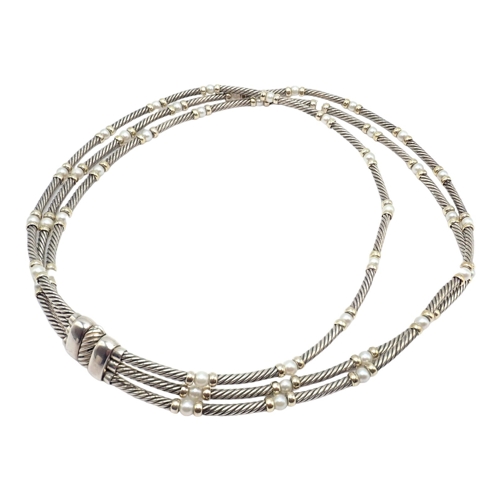 David Yurman DY Sterling Silver & 14k Yellow Gold 3 Cable 3mm Pearl Necklace - 15