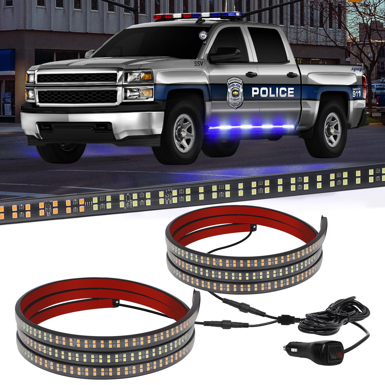XRIDONSEN 2PCS 70-Inch Truck Emergency Light Strips - 864 LED Blue & White Strobe Running Board Lights - Waterproof Flexible Warning Lights for Police, Firefighter, Pickup, SUV, Off-Road Vehicles - Ideal for Night Safety, Roadside Emergencies & Work Zone Visibility
