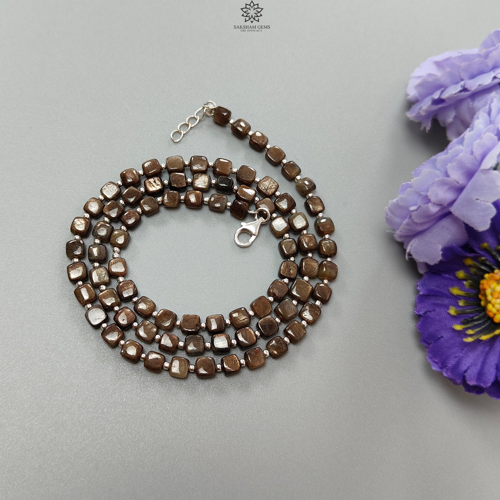 Natural Golden Brown Chocolate Sapphire Gemstone Beads Necklace - 15.75gms Cushion Cut 925 Sterling Silver Jewelry (4mm, 19