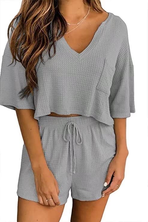 Ezbelle Women's V Neck Waffle Knit Pajama Set - Short Sleeve Crop Top with Shorts 2-Piece Lounge Outfit | Soft & Comfortable Sleepwear for Nighttime, Relaxing at Home, and Vacation Wear