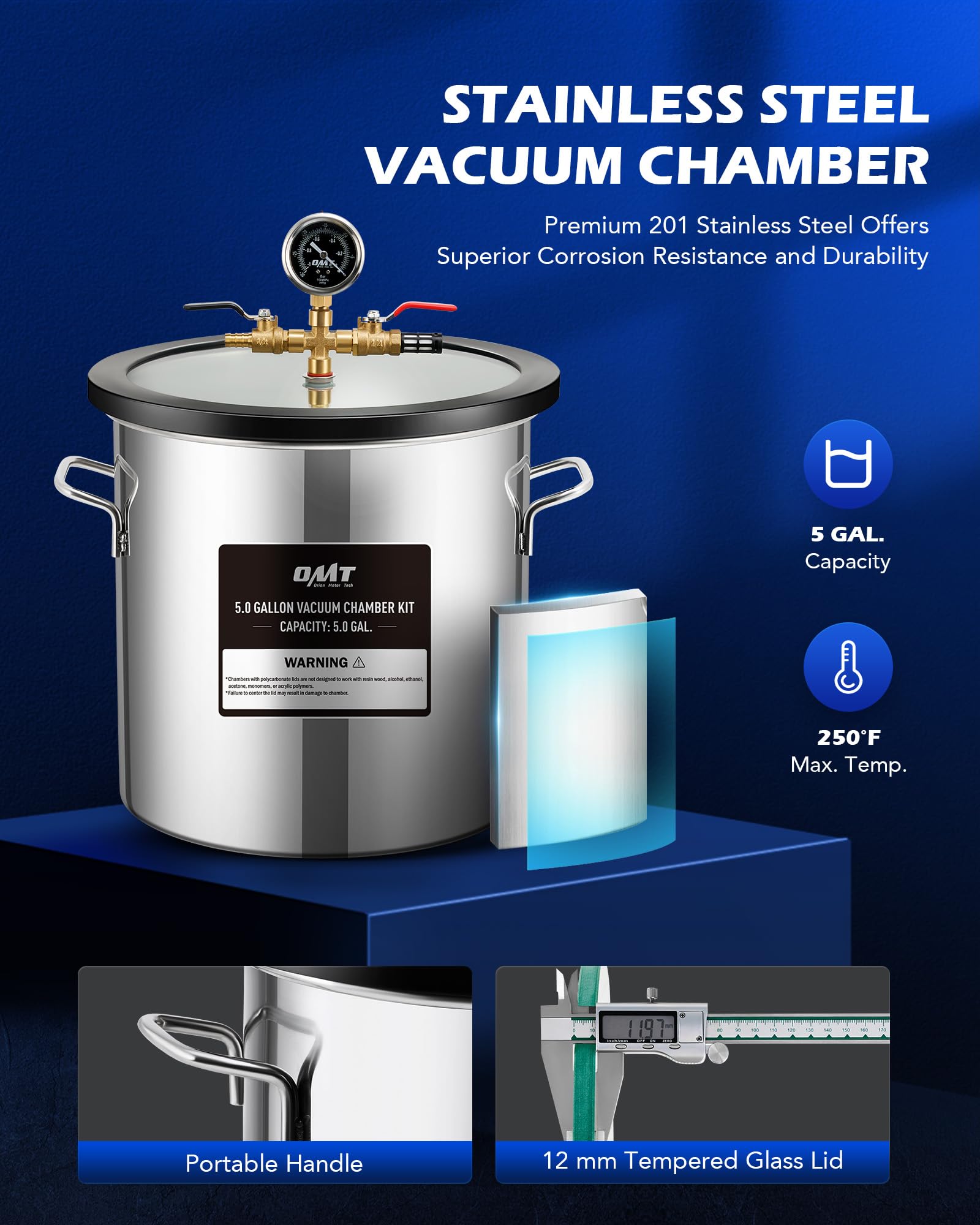 Orion Motor Tech 5 Gallon Vacuum Chamber Kit with 3.5 CFM Vacuum Pump, Tempered Glass Lid & 5ft Hose - for Wood Stabilization, Silicone Resin Degassing, Epoxy Casting & DIY Projects