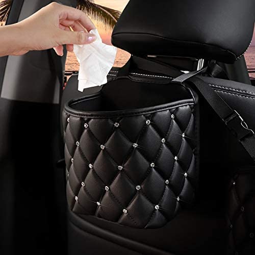 3-Pack Rhinestone Bling Car Handbag Holder & Backseat Organizer - PU Leather Storage Net Pocket Between Seats, Auto Seat Storage Bag with Trash Can - Perfect for Road Trips, Shopping & Daily Commute (Black)