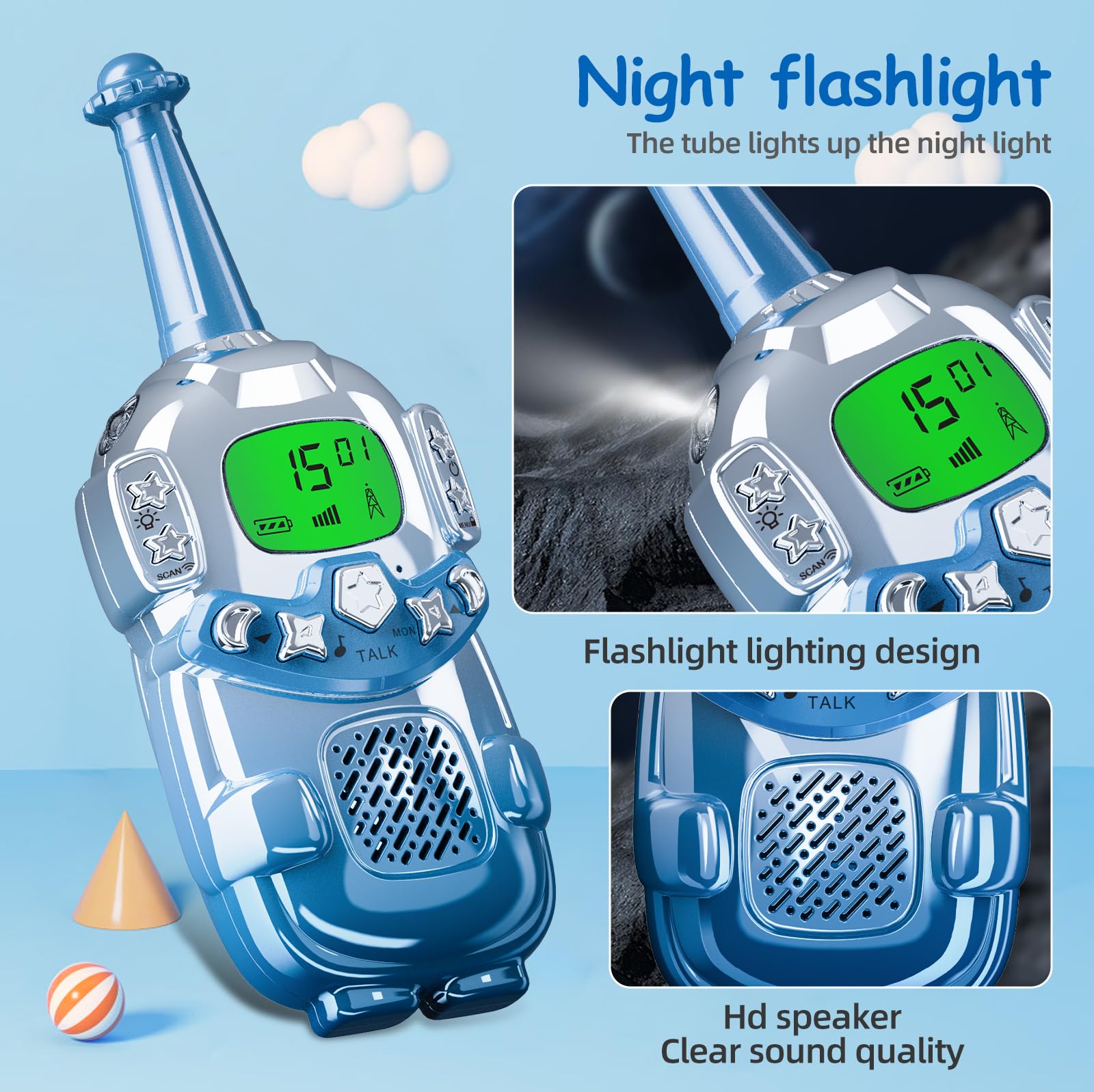 Mini Robot Kids Walkie Talkies 2 Pack - Walkie Talkies for Boys & Girls Ages 3-12 with LCD Backlit Flashlight | 3KM Range for Camping, Hiking & Outdoor Adventures | Perfect Birthday & Christmas Gift (Blue)