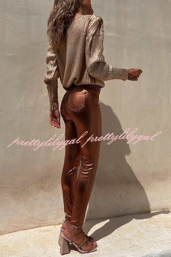 Stylish Metallic Faux Leather Stretch Pants for Women - Trendy High Waist Skinny Pants with Pockets - Perfect for Night Out, Party & Casual Wear