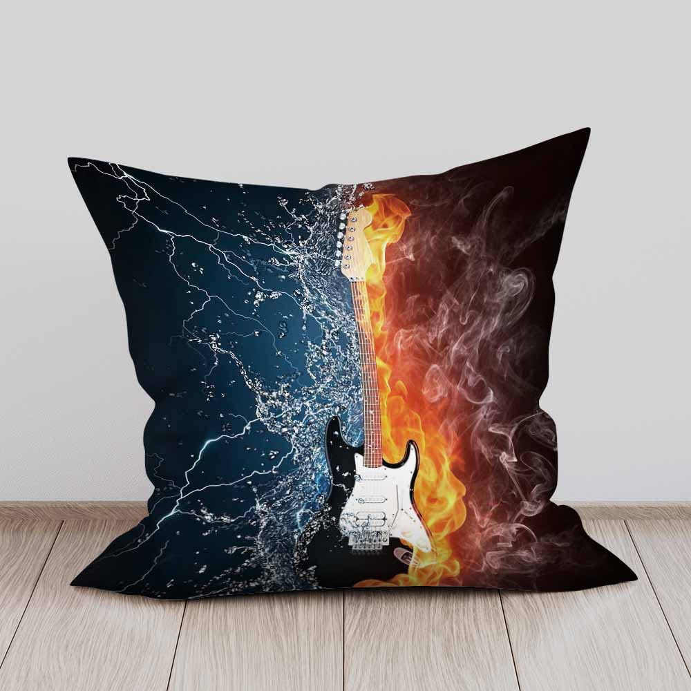 Electric Guitar Music Throw Pillow Covers 18x18 Inch - 2 Pack Soft Decorative Cushion Covers with Burning Fire & Liquid Water Design for Sofa, Couch, Bed - Perfect for Music Lovers' Living Room & Bedroom Decor