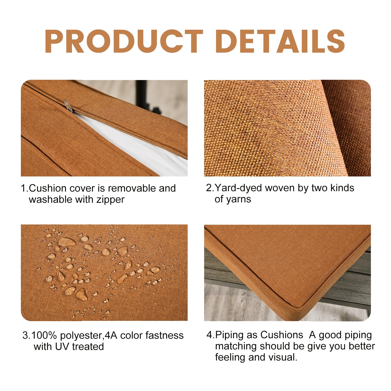 ARTPLAN Olefin 24x24 Deep Seat Patio Cushions - Extra 6 Inch Thick Outdoor Furniture Cushions with 18x24 Back Pillow | Removable & Replaceable | Solid & Floral Patterns | Indoor/Outdoor Use in Signal Orange | Perfect for Patio, Deck, Poolside & Sunroom Furniture