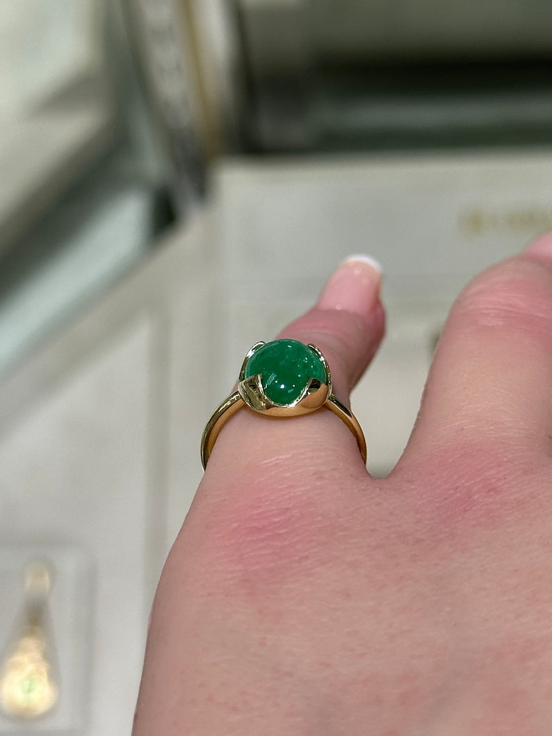 4.29ct 14K Gold Dark Green Oval Cabochon Emerald Solitaire Ring for Women - Elegant Wedding, Engagement & Anniversary Jewelry Gift