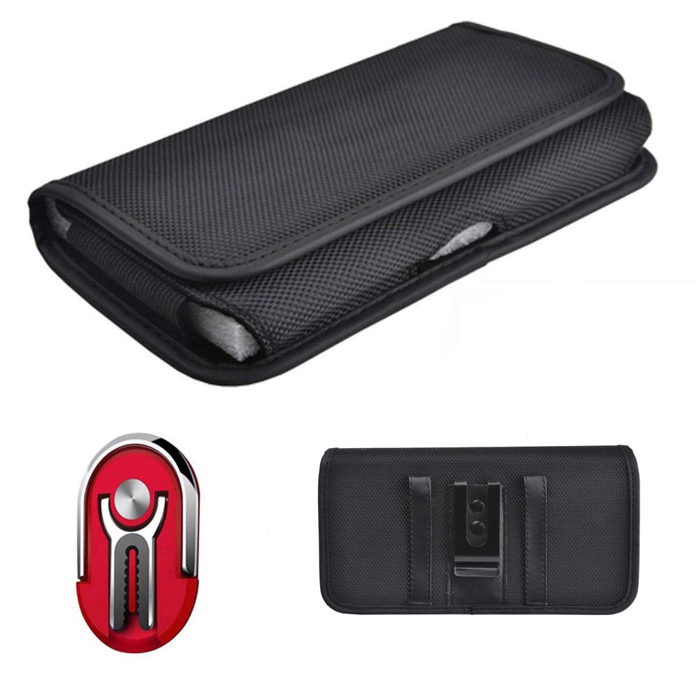 Blu View-3/View-2/View-4 3-in-1 Holster Pouch with Car Mount, Phone Stand & Finger Ring - Red Canvas Case with Belt Clip Loop for Hands-Free Convenience at Home, Office, and On-the-Go
