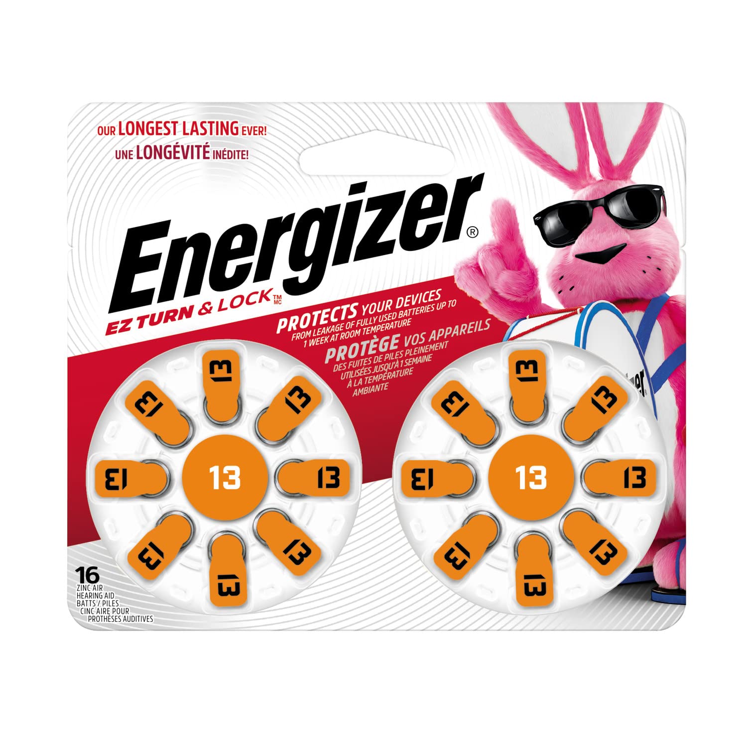 Energizer Size 13 Hearing Aid Batteries - 16 Pack Orange Tab Zinc Air Batteries for Hearing Aids | Long-Lasting Power for Daily Use, Travel & Outdoor Activities