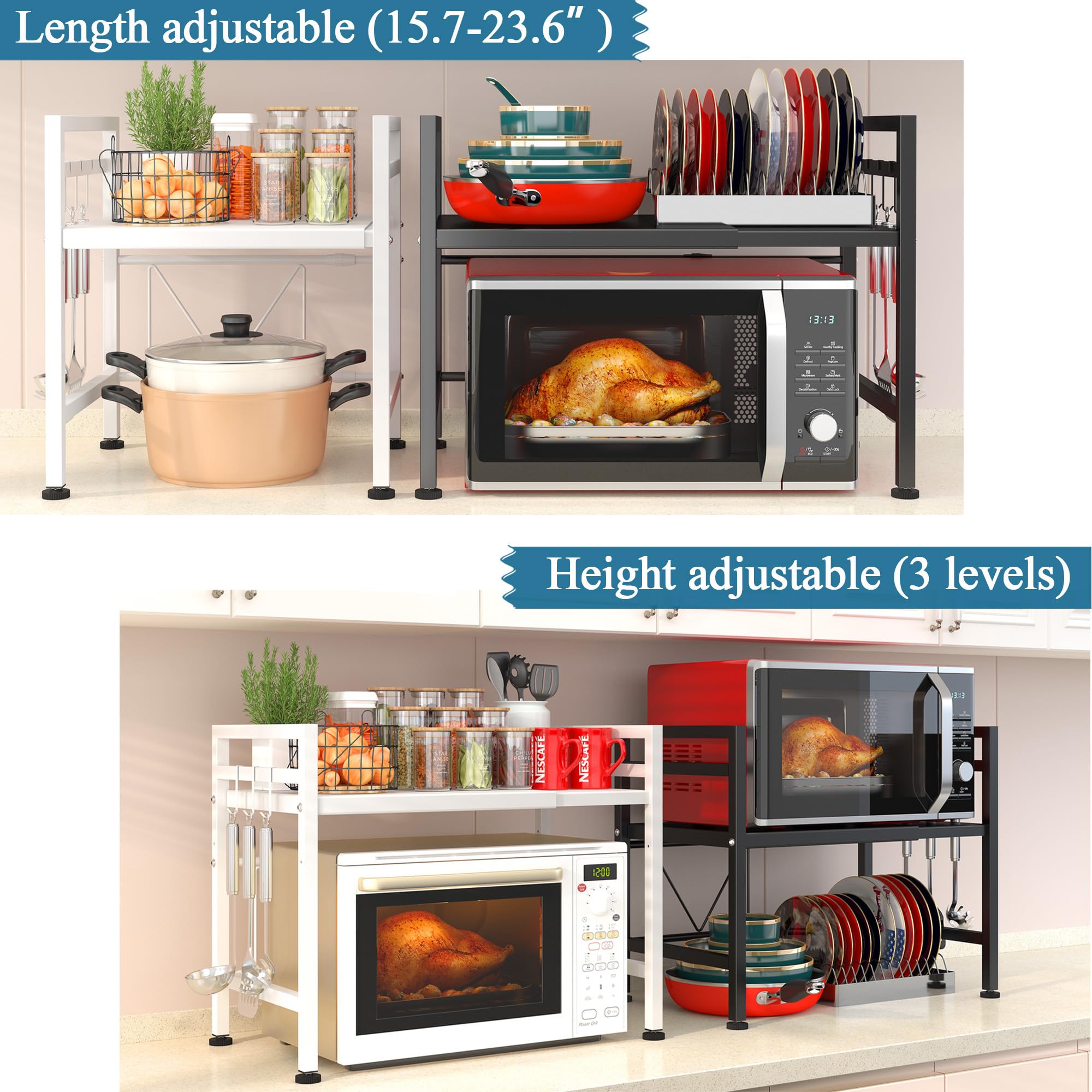 PUSDON Adjustable Microwave Oven Rack - Heavy Duty 2-Tier Kitchen Organizer with 3 Hooks for Countertop, 160lbs Capacity - Space Saving Solution for Microwave, Toaster & Small Appliances - Perfect for Small Kitchens & Apartment Living (Black)