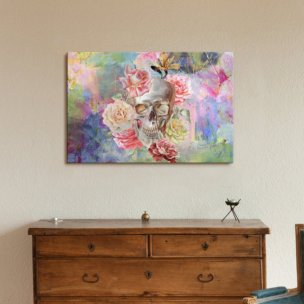 Wall26 - Skull and Roses Canvas Print Wall Art - Abstract Background Gallery Wrapped Modern Home Decor - 16x24 Inches - Ready to Hang - Perfect for Living Room, Bedroom or Office Decor